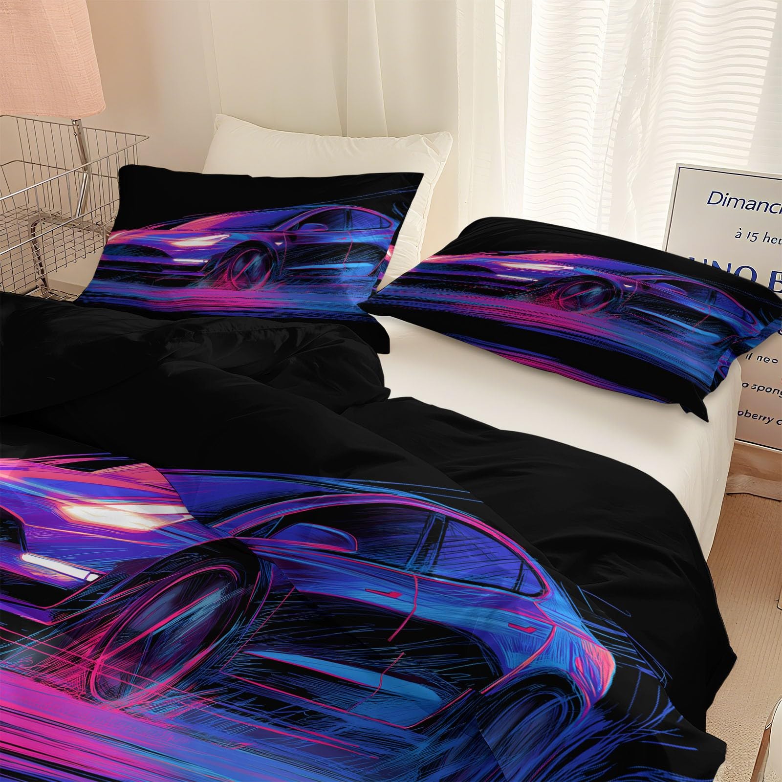 Generico Cartoon Neon Electric Car 3-częściowy zestaw poszewek na kołdrę 220 x 240 cm zestaw poszewek na kołdrę, czarny komplet pościeli z zamkiem błyskawicznym i poszewkami na poduszki z mikrofibry