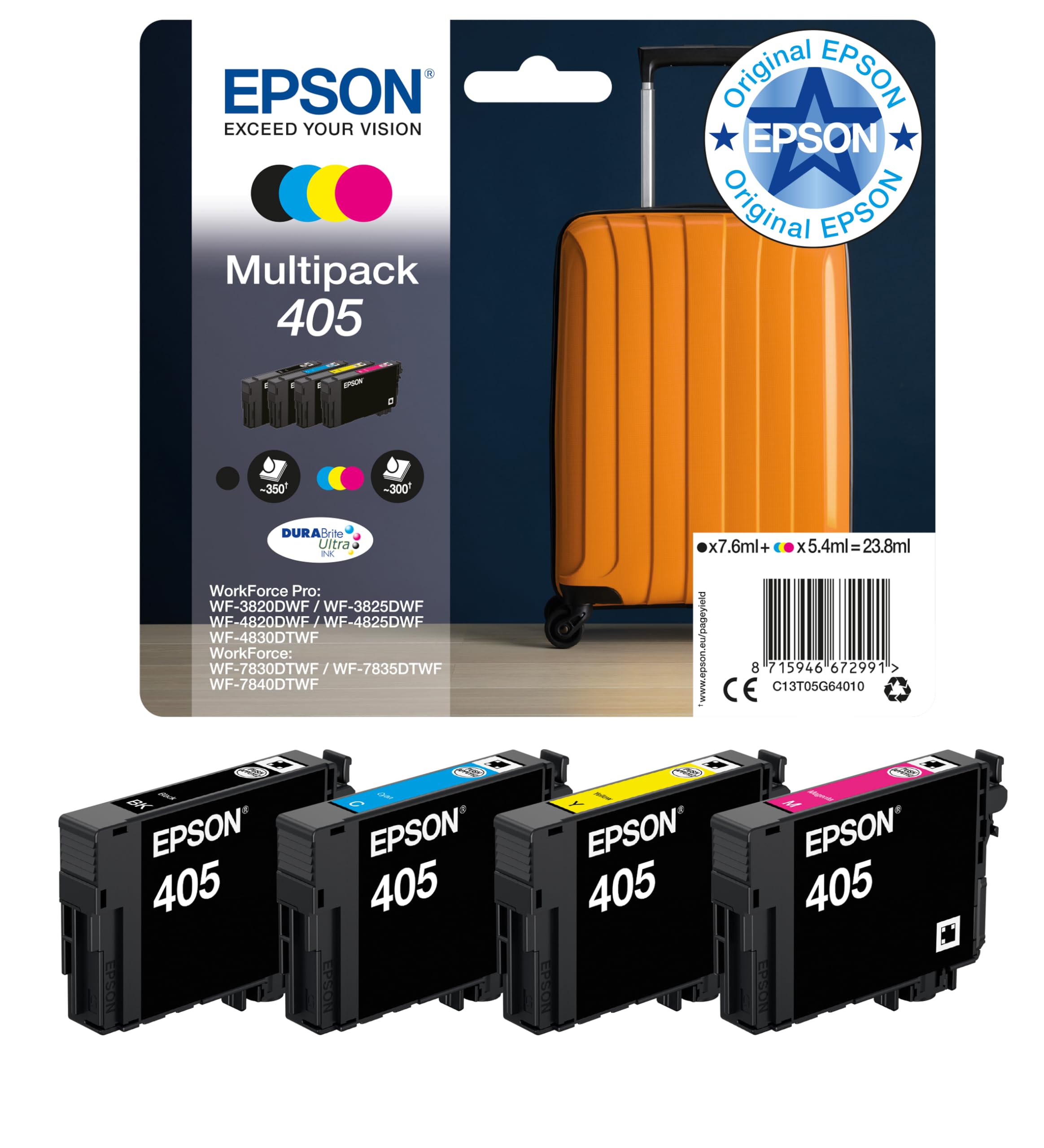 Epson Orginal 405 Tinte Koffer Multipack 4-farbig Standard WF-3820DWF WF-3825DWF WF-4820DWF WF-4825DWF WF-4830DTWF WF-7830DTWF WF-7835DTWF WF-7840DTWF DURABrite Ultra Ink, ReadyPrint Flex-Tintentarife