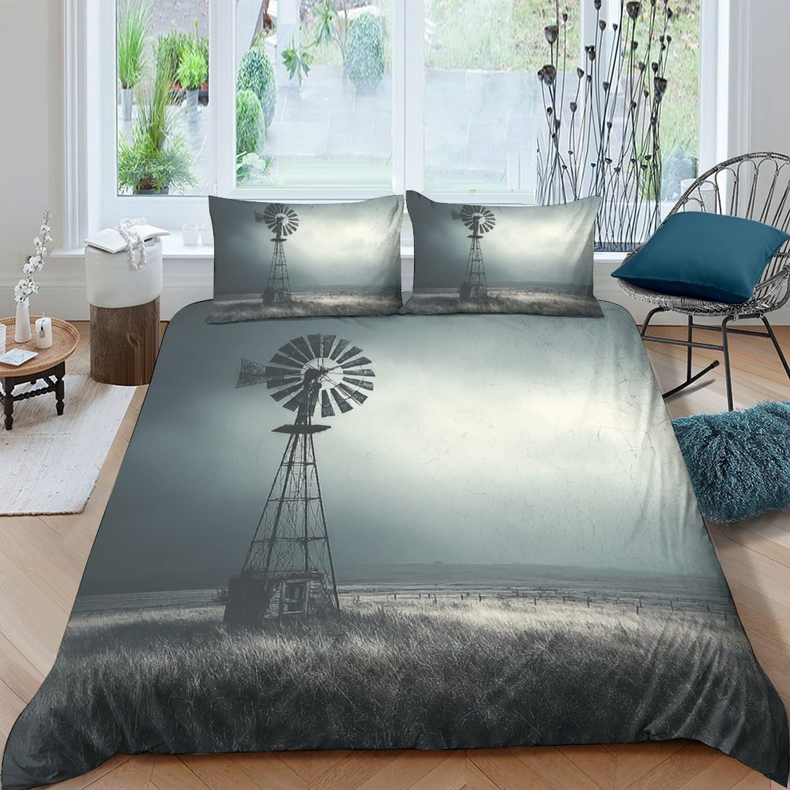 Ctjqhvkz Style-3 3D Printed Windmill Landscape Fitted Sheet Microfiber Soft Grey Bed Cover For Bedroom Dorm Easy Care Decor Single（135X200cm）