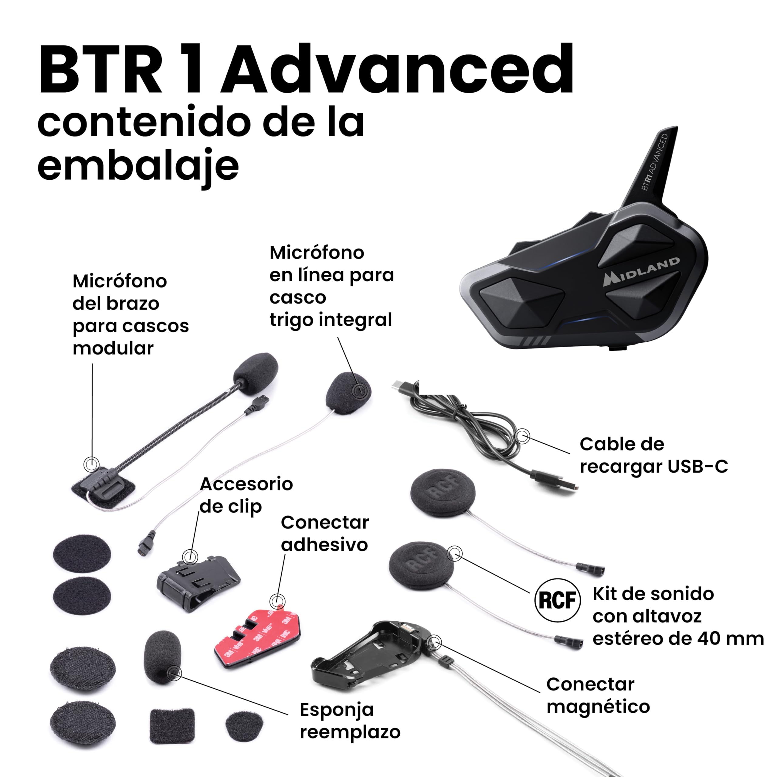 Midland - Intercomunicador Casco Moto BTR1 Advanced Twin Único, Auriculares Moto Inalámbricos Bluetooth IPX6, 1,2Km, 4 Personas Conferencia, Batería 23H, Cancelación Ruido, Audio HD, Conforme ECE2206
