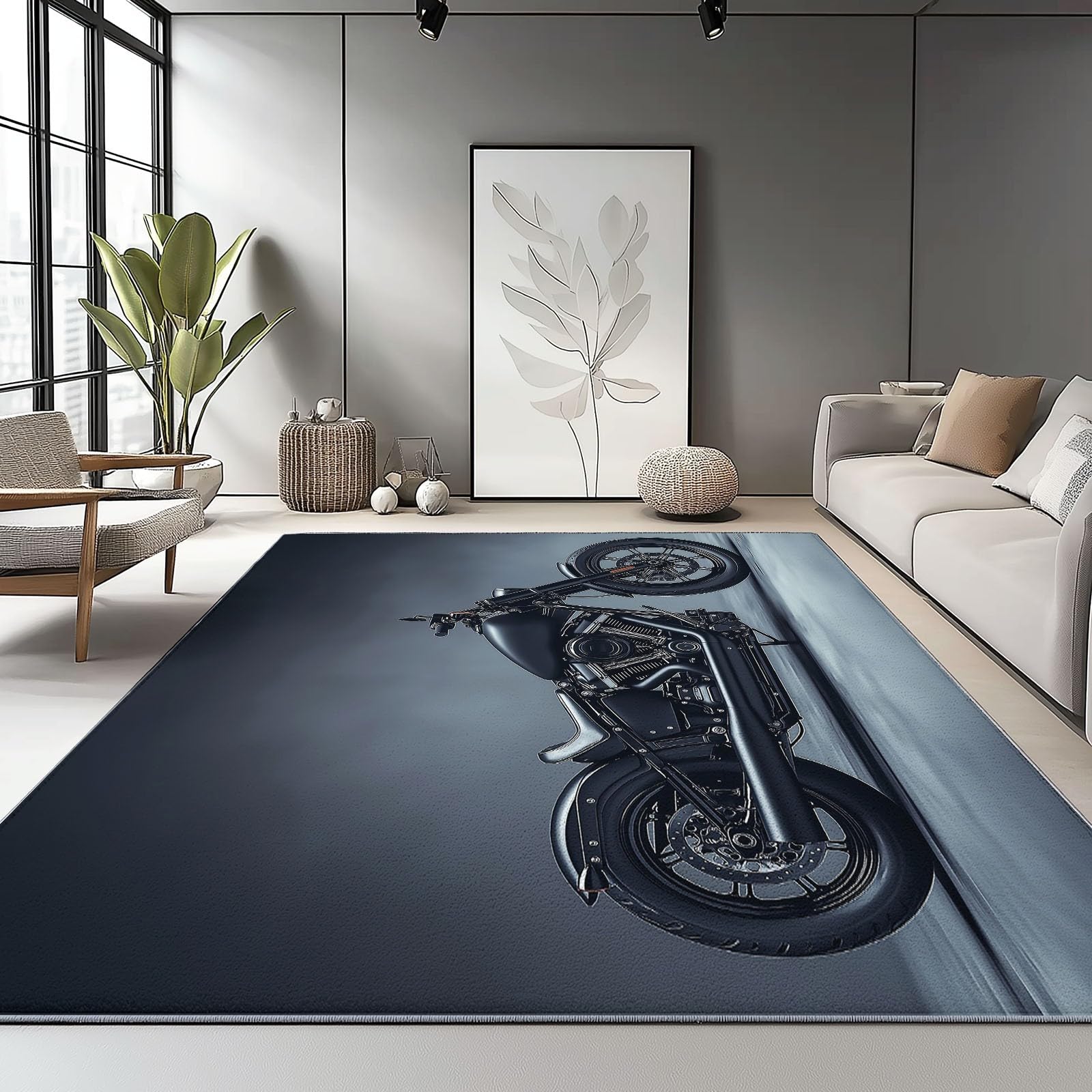 Tapis Salon Moto Moderne Imprimé Antidérapant 140 x 200 cm Noir