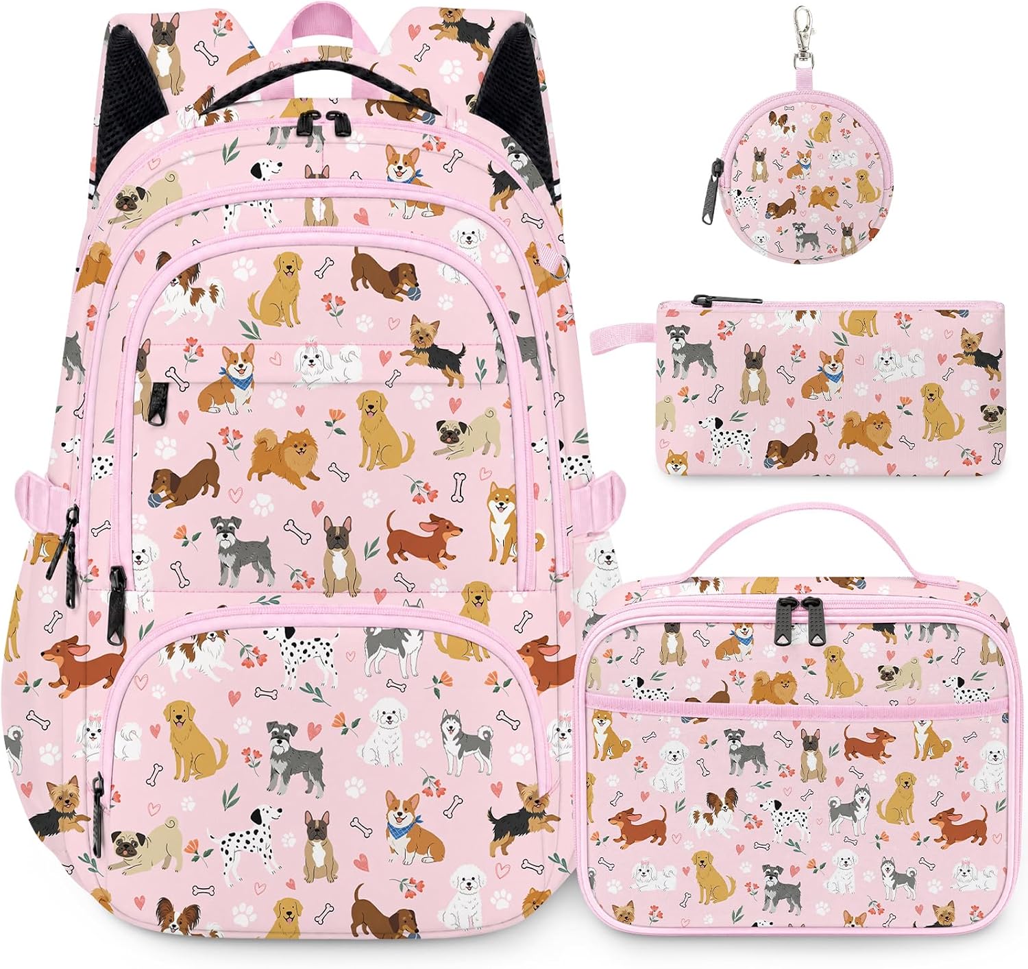 Dogs Backpack for Girls, Cute Kids School Backpack with Lunch Box Pencil Case and Coin Pouch, School Bookbag for Teens Elementary 17in