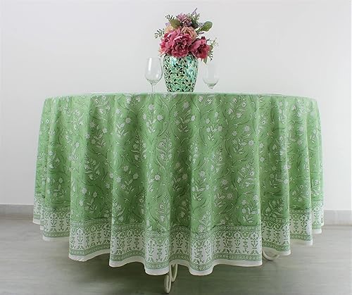 Miniatura 3 de Ridhi Mantel redondo 132 de 100 % algodón, color verde pera, estampado a mano, lavable, reutilizable, para fiestas, bufé, comedor, bodas, campo,