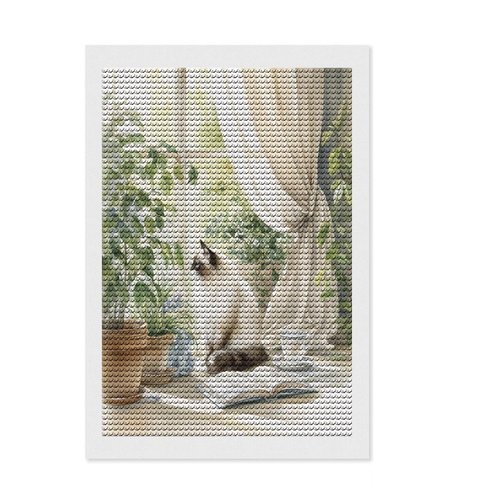 Junmoney Cat by The Window Round Drill Diamond Painting 8"x12", Neat Printed Canvas, Satisfying Creative Project, Fun Craft Experience