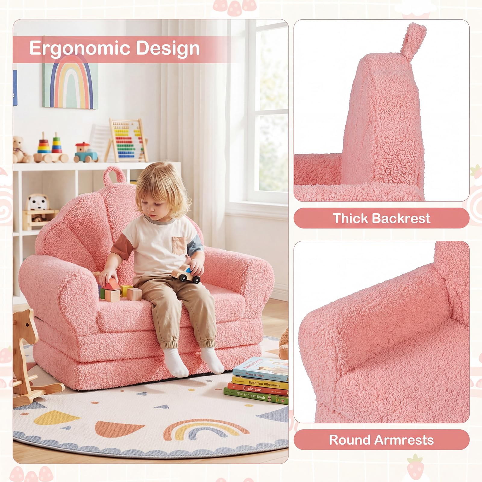 GOPLUS Canapé-Lit Enfant Pliable, Fauteuil Enfant Convertible en Forme de Coquillage, avec Accoudoirs, Poignée, Fauteuil Bebe Doux en Polaire Teddy pour Chambre Salle de Jeux (Rose)
