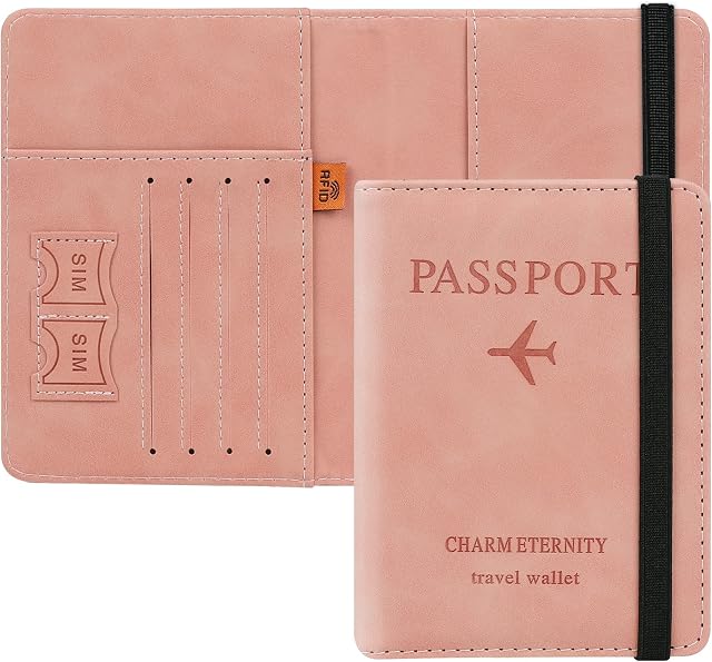Cooja Passport Holder Cover Travel Wallet Organiser, Passport Case with RFID Blocking, PU Leather Travel Document Holder for Men&Women Travel Accessories (Pink)