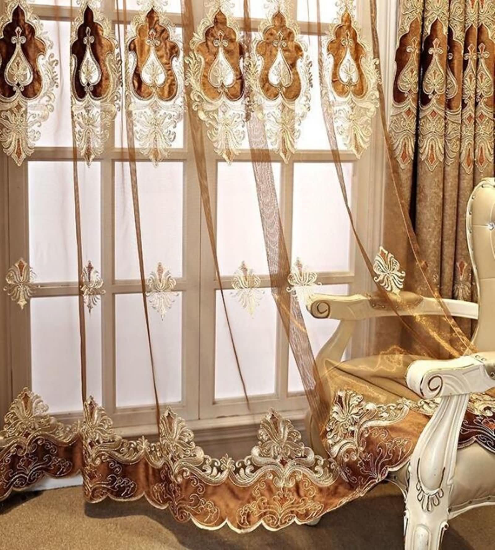 2 Pannelli Tende in Voile,2 x 107W x 214H CM,Tende in Tulle per Cucina Marrone Motivo Ricamato Tende con Gancetti