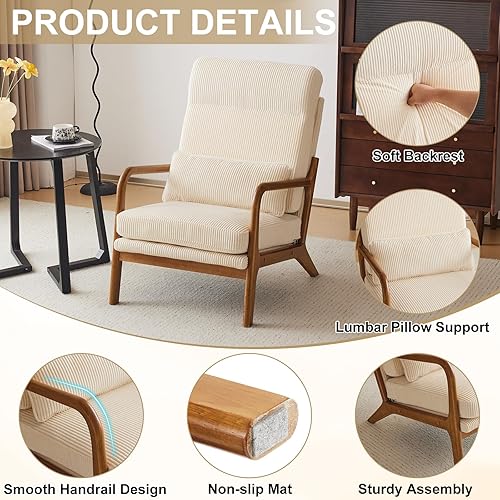 Miniatura 39 de Karl home - Silla decorativa moderna de mediados de siglo con almohada, sillón tapizado con marco de madera maciza y cojín suave, para sala, Marrón