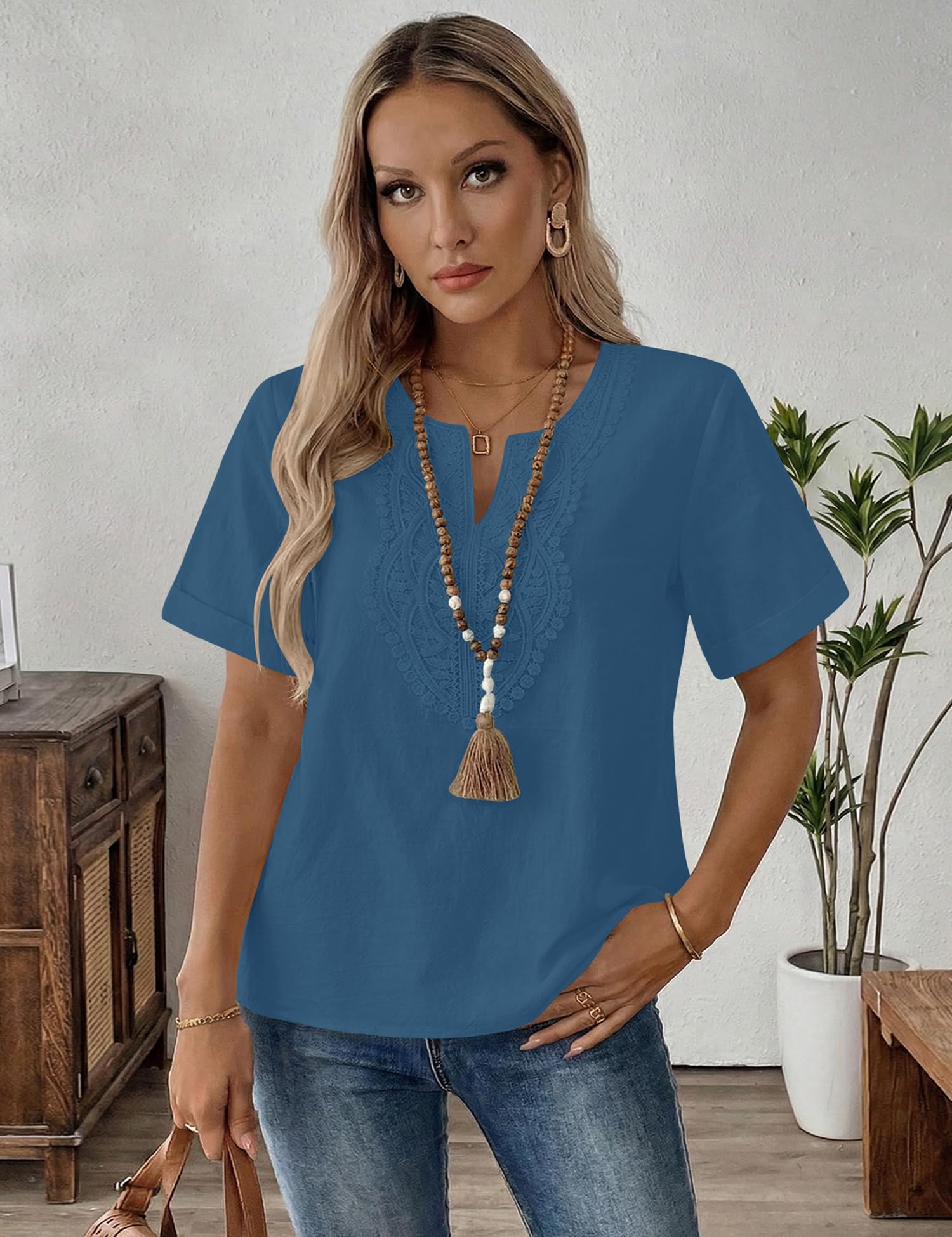 Rapbin Bluse Damen Kurzarm Baumwolle Leinen V-Ausschnitt Oberteil Locker Lässiges Sommer Tops Spitze Elegant Tunika Blusen
