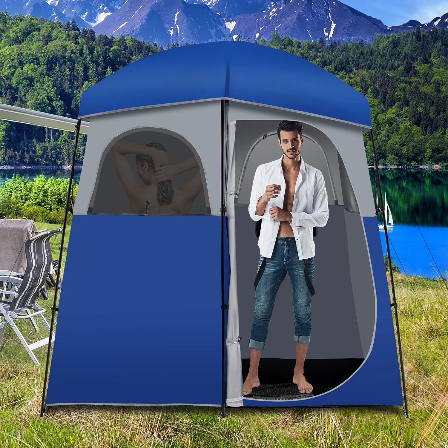 Tangkula Double-Room Shower Tent, Oversize Space Privacy Shelter for Camping with Floor, Portable Camping Changing Tent with Removable Rain Fly, Storage Bag for Dressing, Toilet
