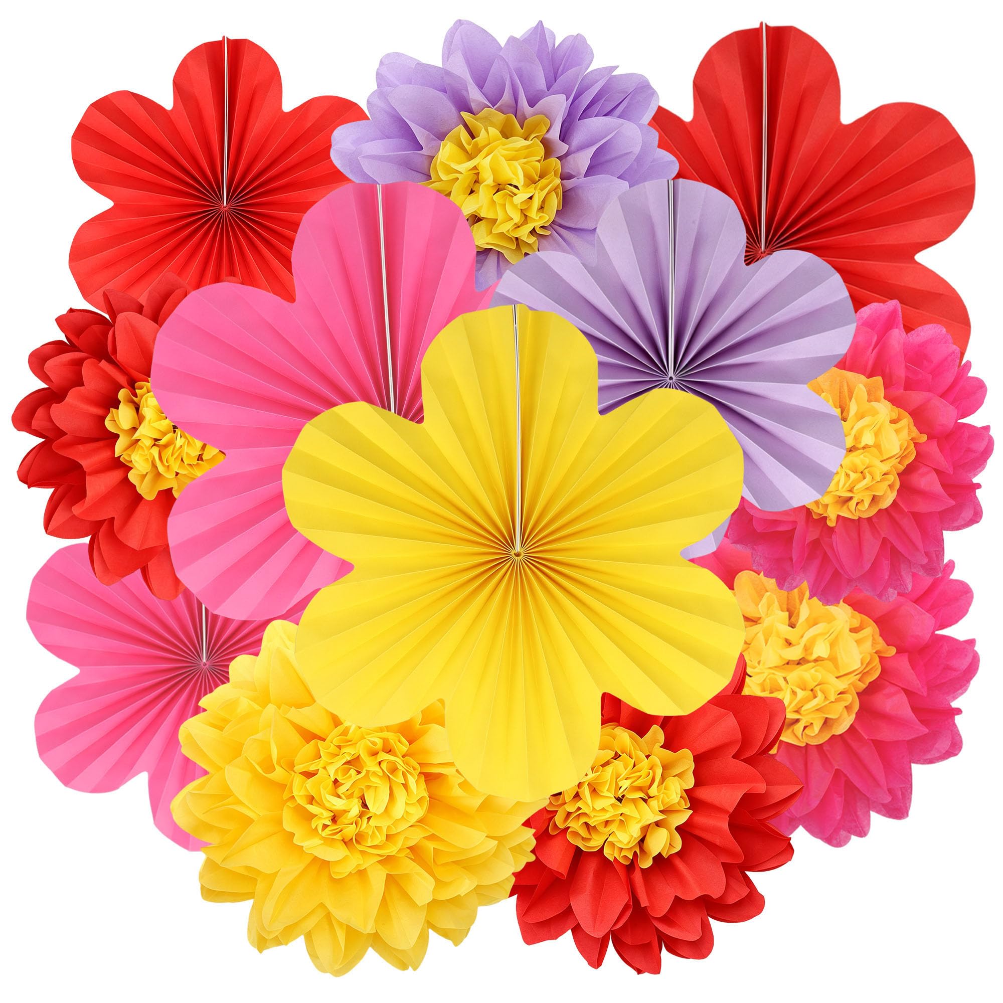 BestoFun 12PCS Paper Flowers Fans Red Purple and Yellow Party Decorations Tissue Paper Flowers Decorations for Girl Groovy Birthday Baby Shower Wedding Bachelorette Room Wall Hanging Décor — image 1