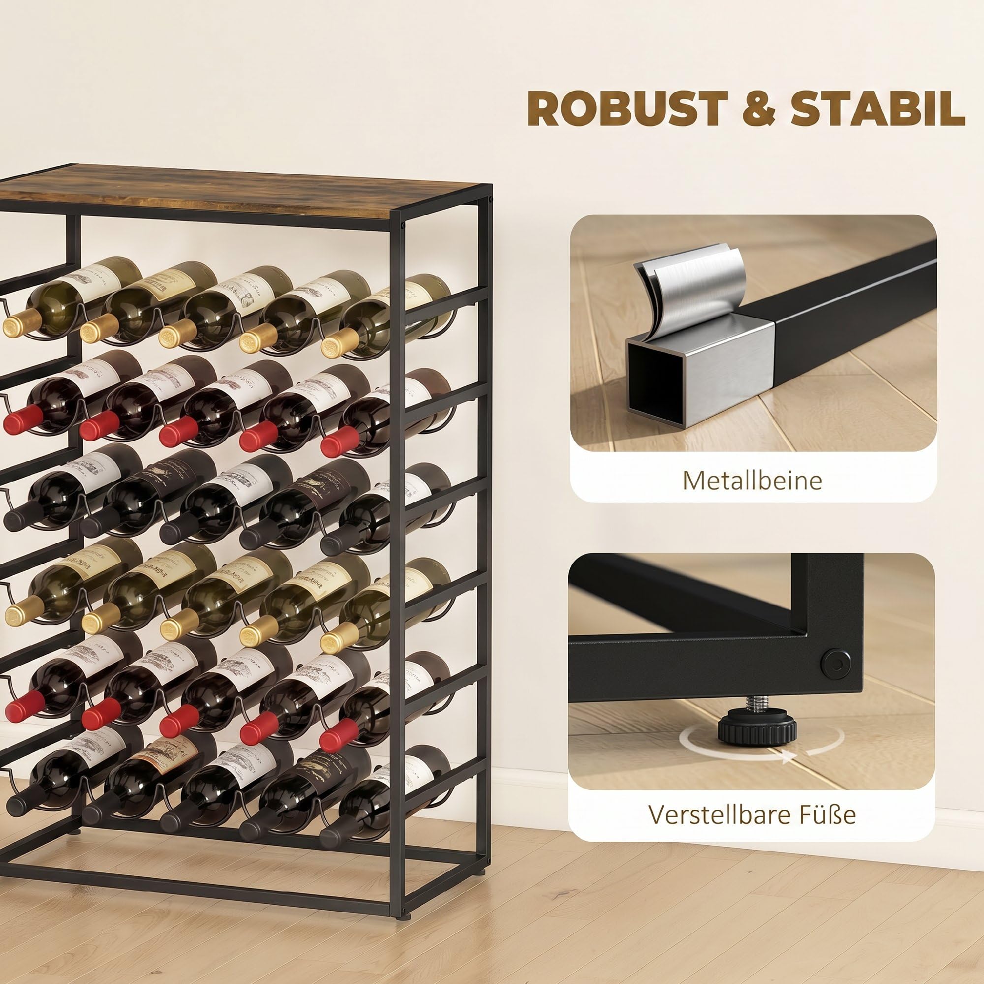 HOMCOM Regał na 30 butelek, wolnostojący uchwyt na butelki, uchwyt na butelki wina, z metalu, do piwnicy, magazynu, 59 x 30 x 88,5 cm, rustykalny brązowy