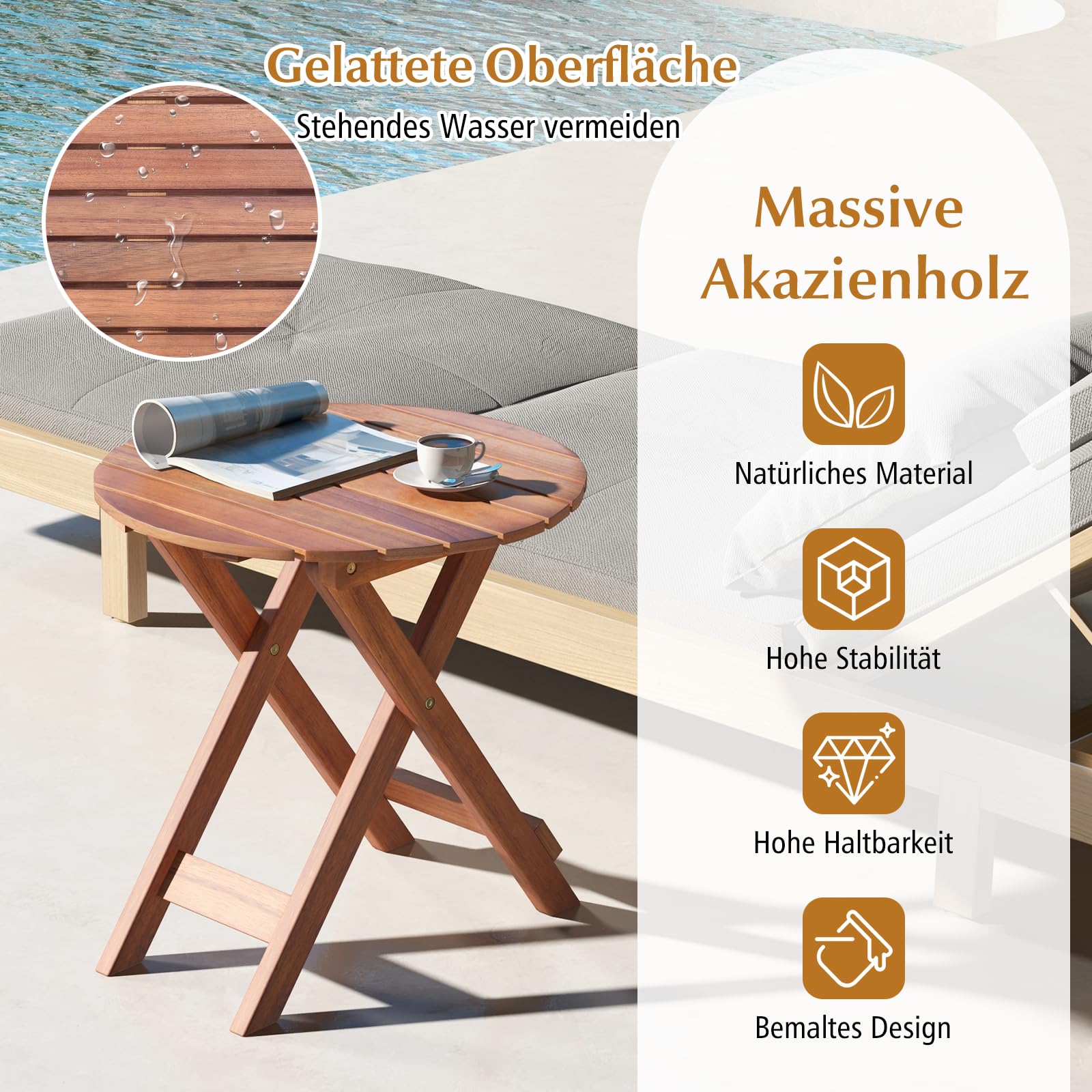 CASARIA® Bijzettafel Hout Gemonteerd Klapbaar 80kg Belastbaar 46x46cm Weerbestendig Balkon Terras Woonkamer Kleine Tafel Balkontafel Tuintafel