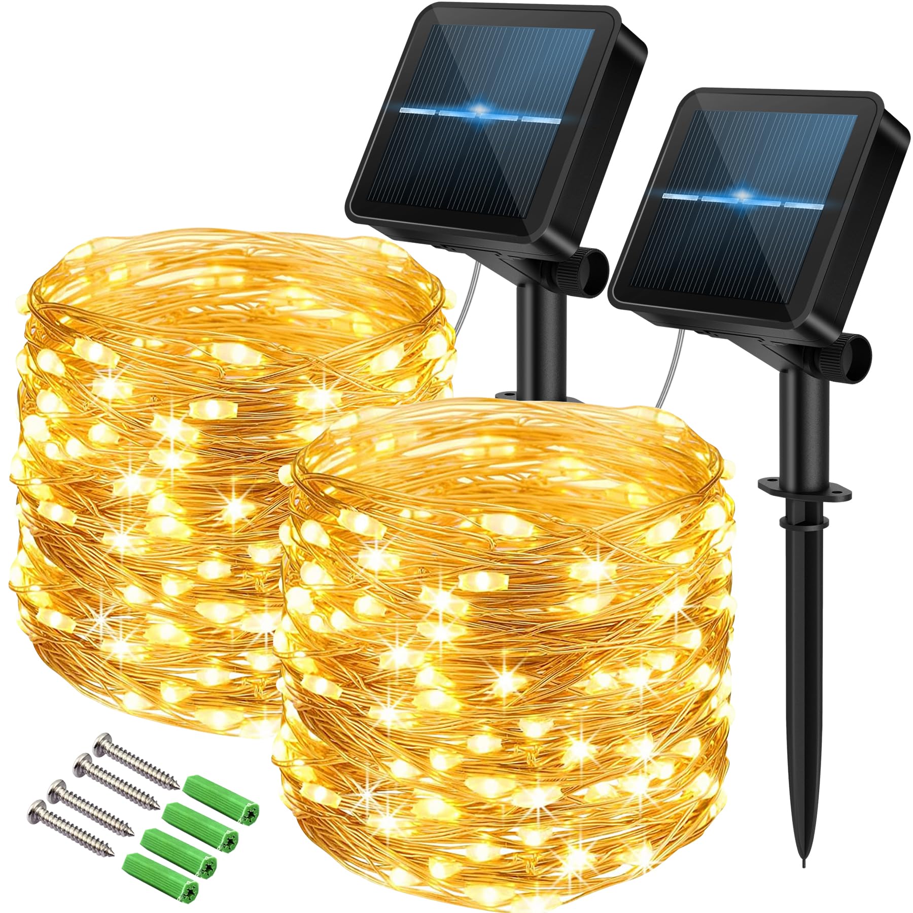 120 LED Solar Fairy Lights Outdoor, 2 Pack Total 24M/ 80Ft 240LEDS, 8 Modes with 8-Hour Timer, Outdoor Garden Lights, Waterproof String Lights, Suitable for Party, Camping, Decorations (Warm White)