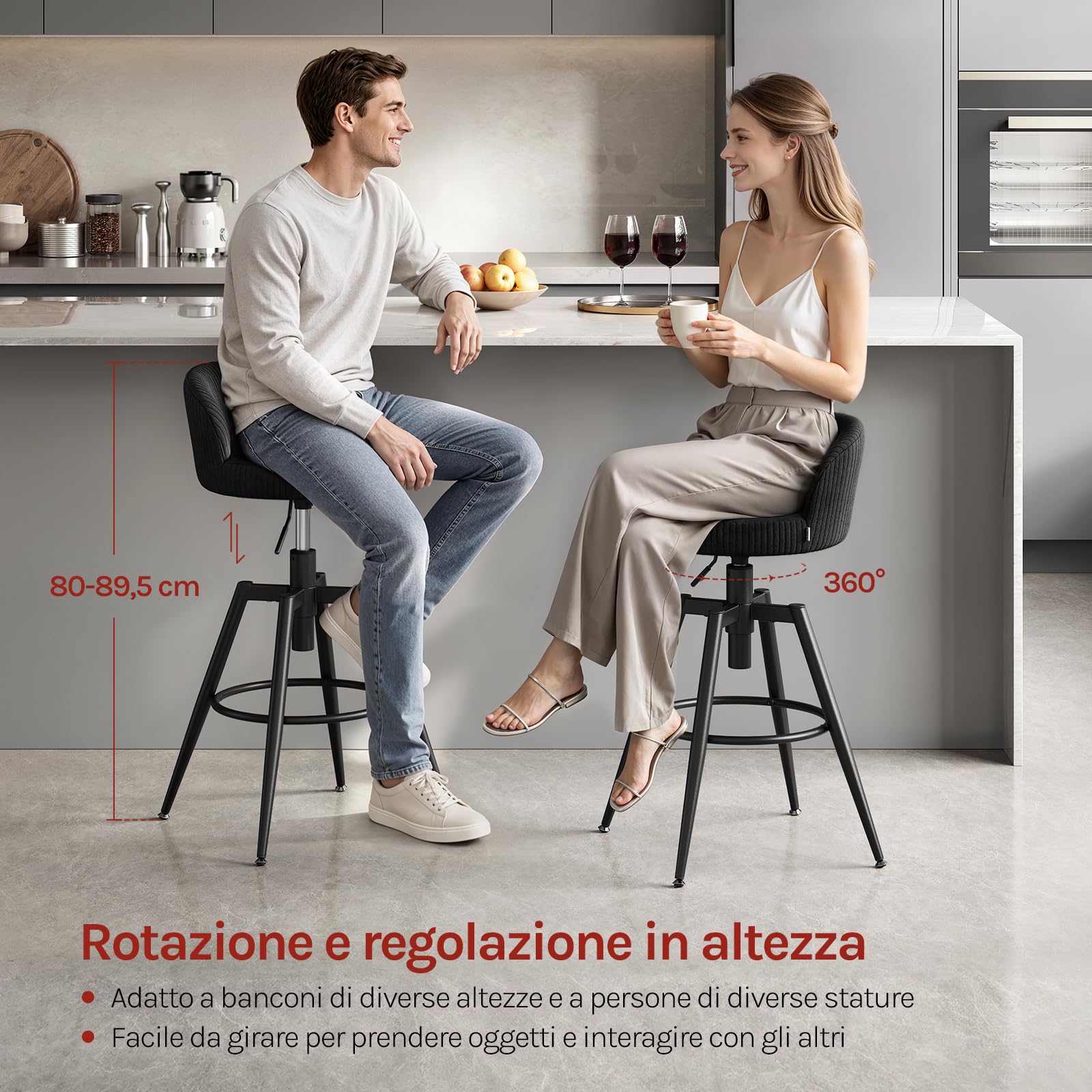 WOLTU Sgabelli Cucina Set di 2, Sedie Regolabili in Altezza, Nero