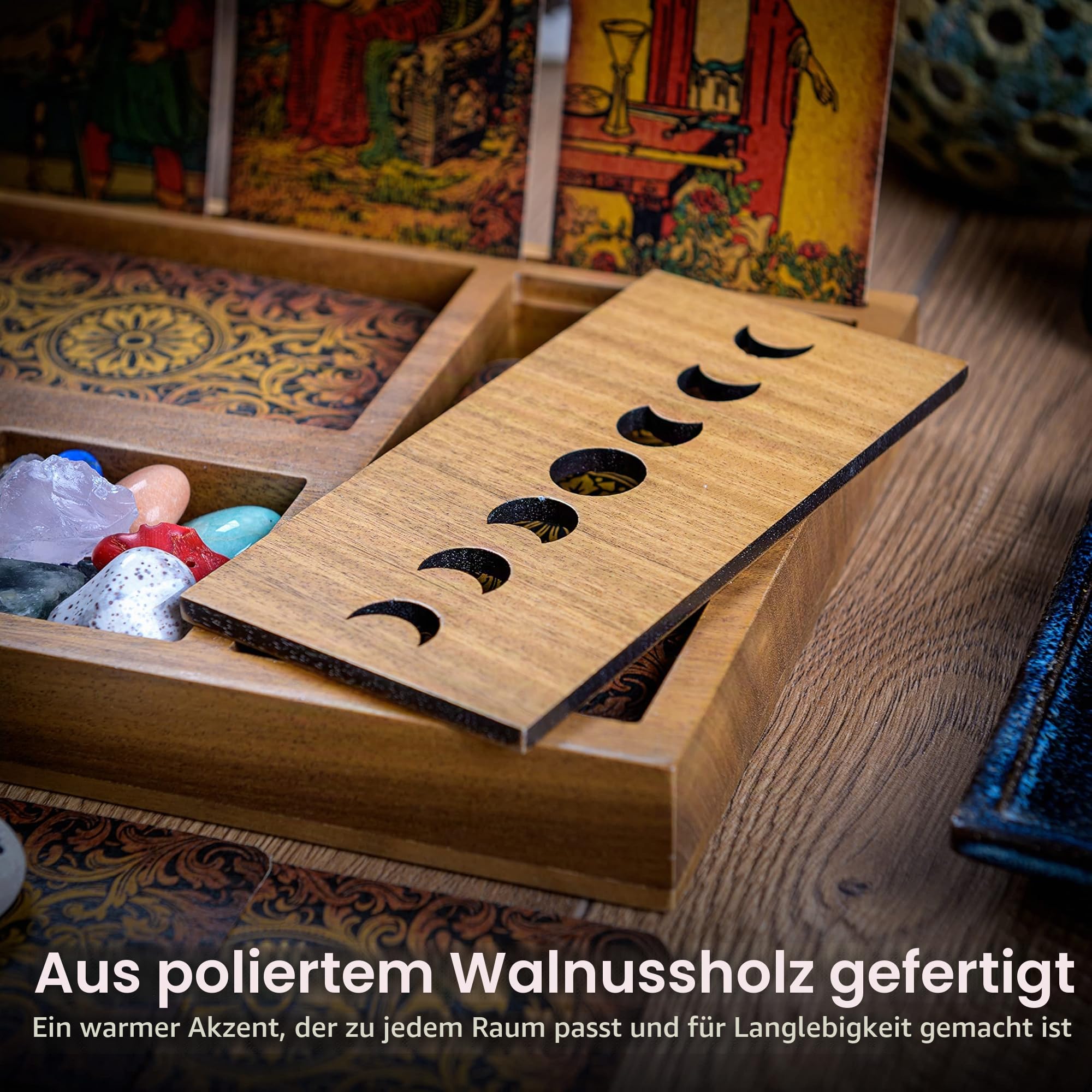 Tarotkartenhalter Box für immersive Lesungen – 3 Tarotkartenständer & Kristallhalter – Mondphasen-Design Tarot-Display Deck Halter & Kristalltablett – Hexerei-Dekor – Wiccan Altar Supplies