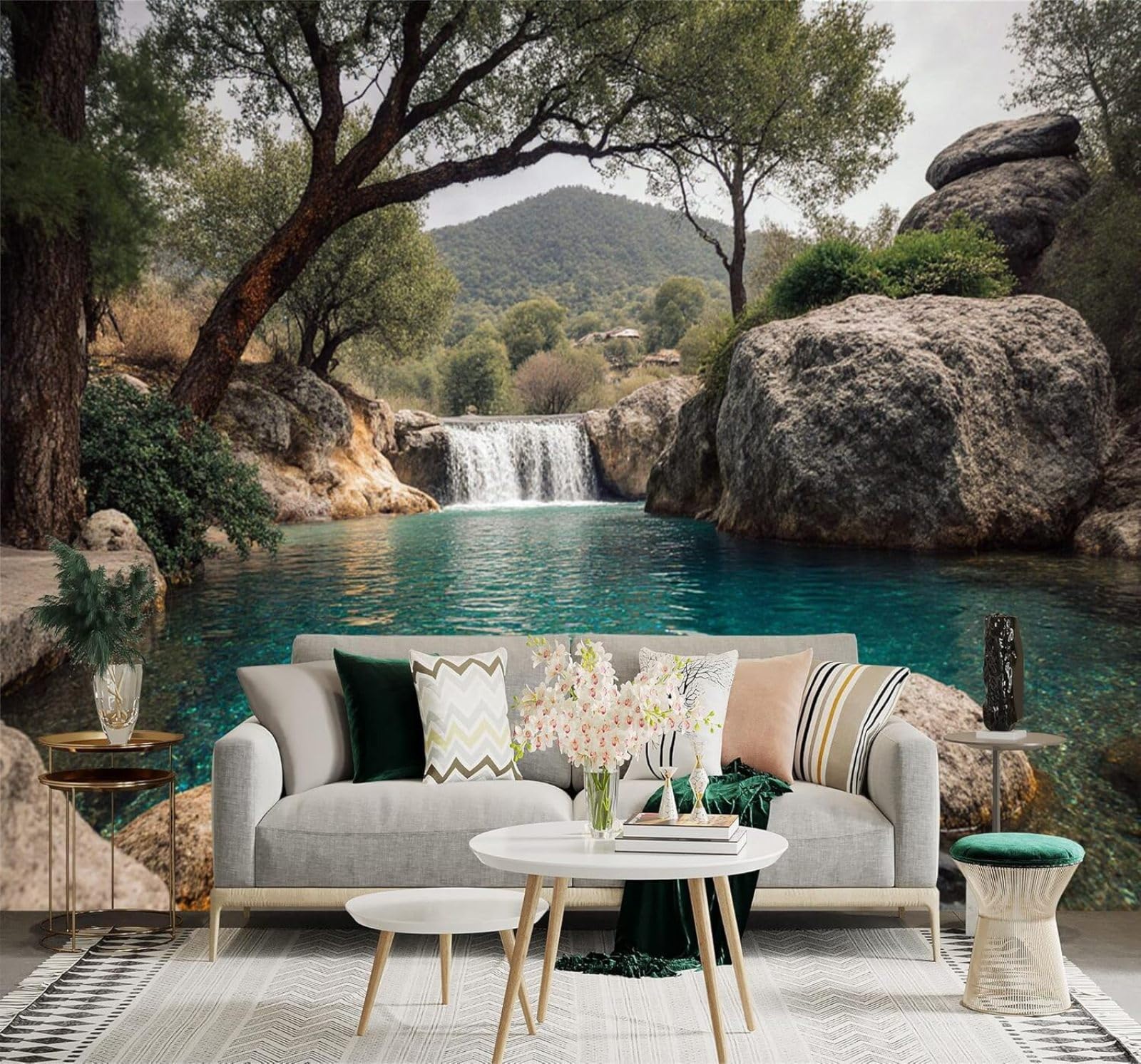 XLMING Serene Waterfall Clear River Rocks Green Trees Landscape 3D Wallpaper Silky Texture Home Study Office Grey Dining Room Sofa Bedroom Living Room TV Backdrop-430cm×300cm