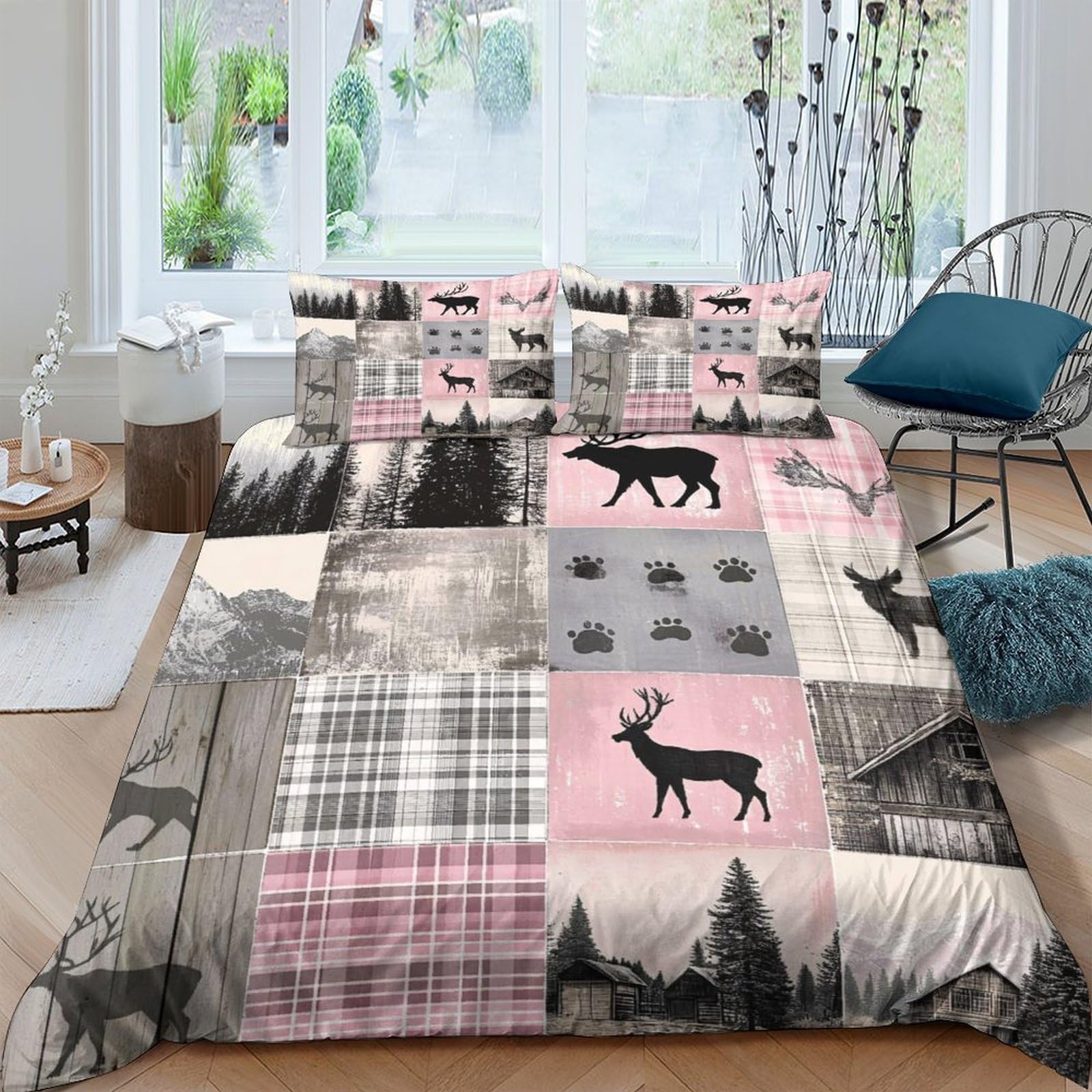 Ctjqhvkz Style-2 3D Printed Forest Deer Fitted Sheet Microfiber Soft Pink Plaid Tree Mattress Cover For Bedroom Dorm Easy Care Decor Single（135X200cm）