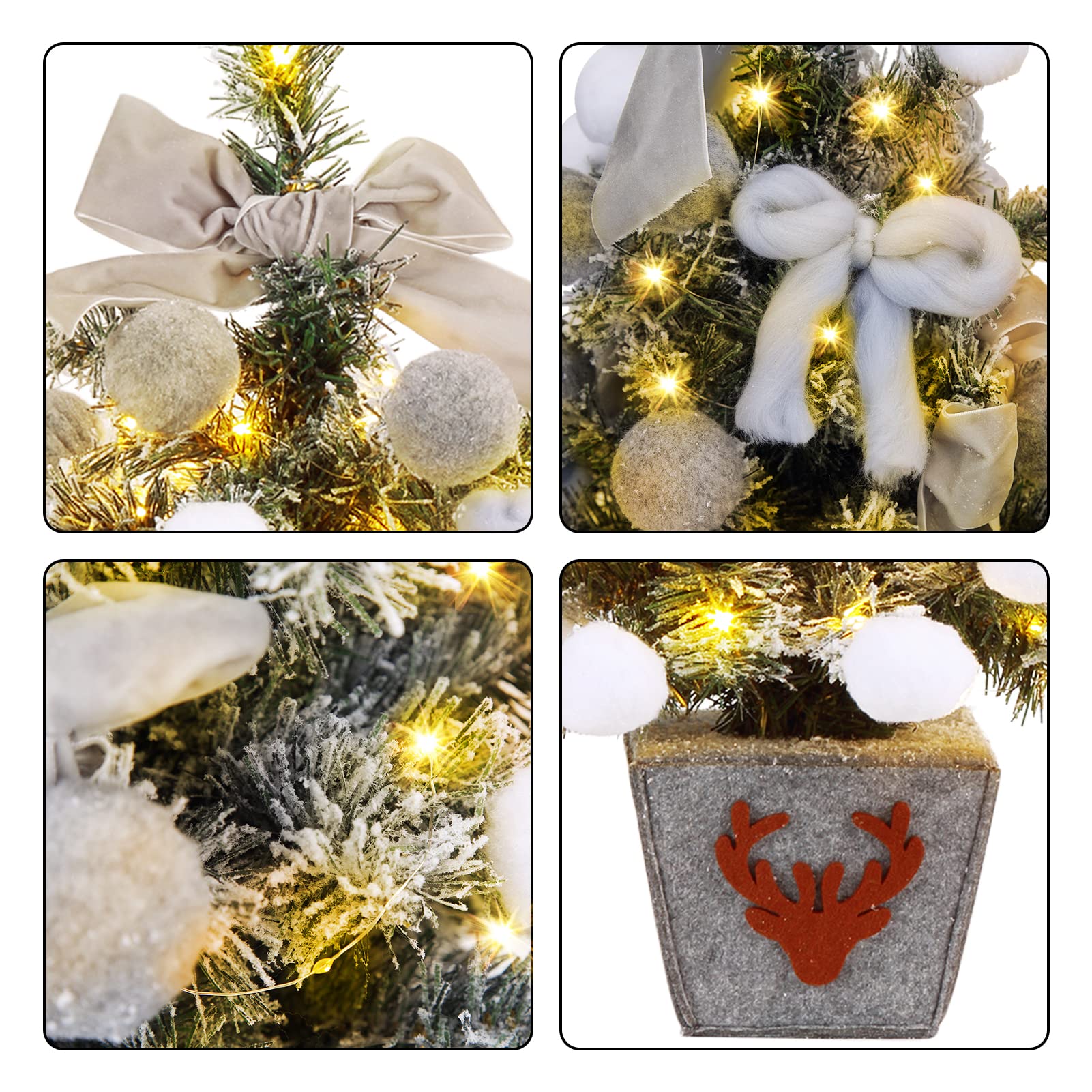 Weihnachtsbaum Künstlich, 60 cm Esstisch Schnee Fallender Weihnachtsbaum mit Weihnachtskugeln, Schleifen und 50 LED Leuchten Geeignet für Weihnachten Partys Zuhause Drinnen und Draußen - Grau