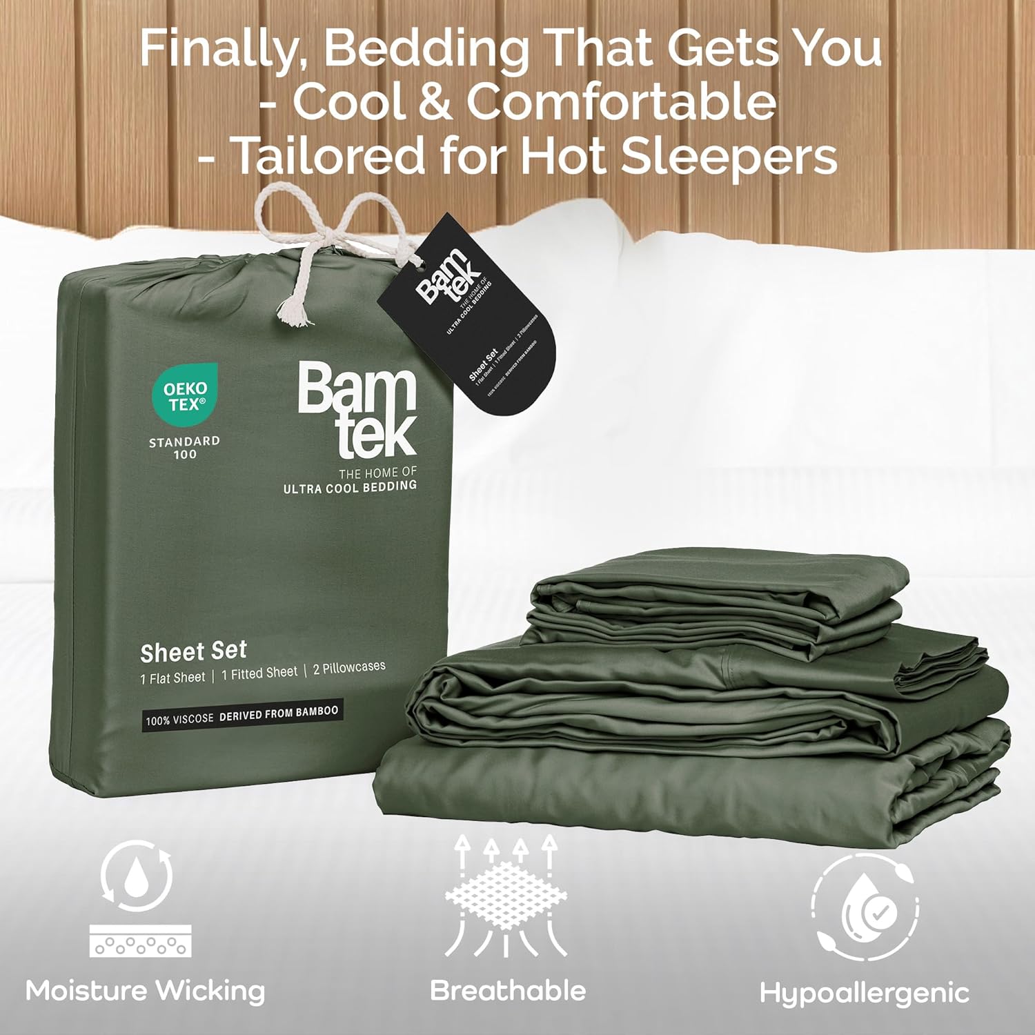 100% Viscose from Bamboo Sheets Queen Size, Super Soft Bedding Set, 4PC Cooling Sheets for Hot Sleepers, Vegan Silk Moisture Wicking, Organically Grown Bedsheet, Moss - 60" x 80" - Image 3