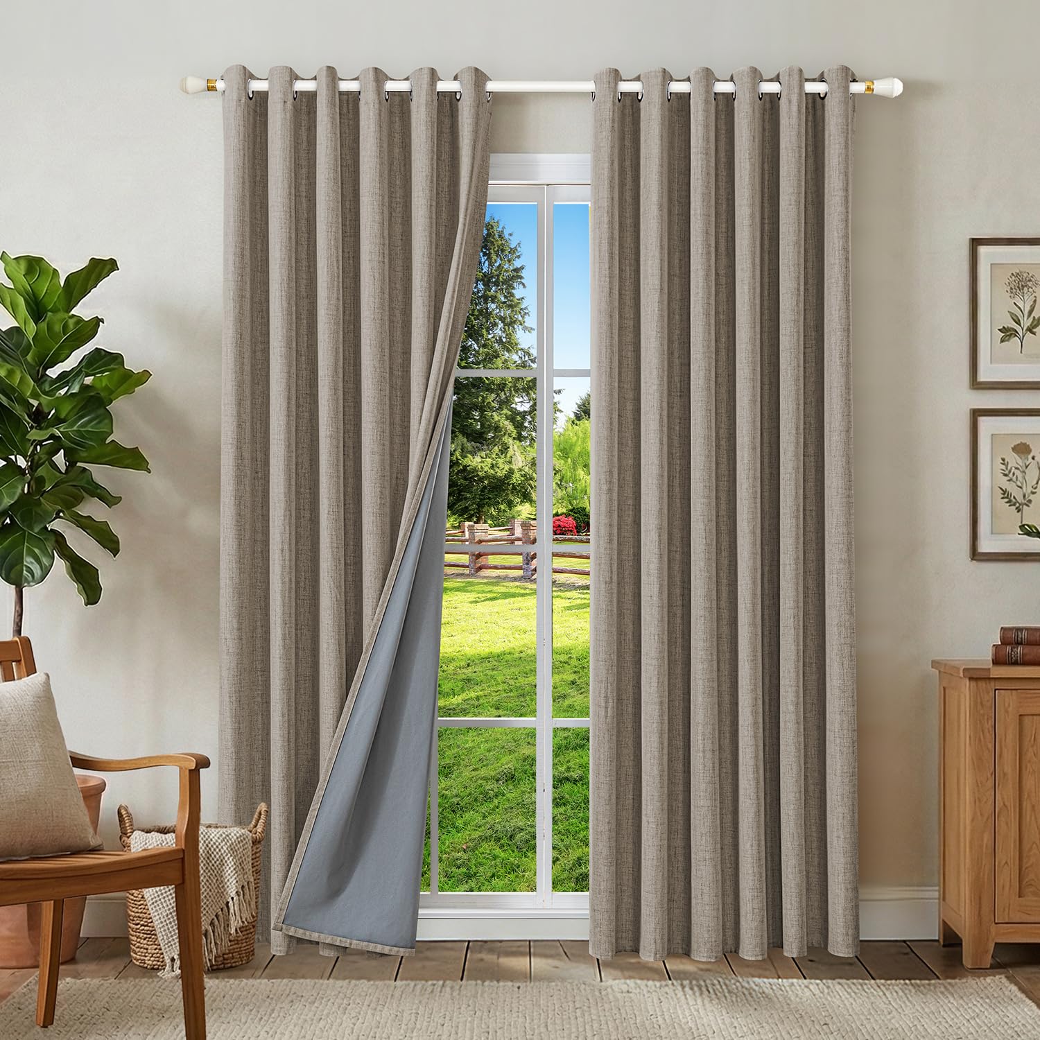 Runyéla 100% Blackout Linen Curtains Eyelet 90 x 108 Inch Drop for Living Room Bedroom Thermal Curtain 2 Panels Linen
