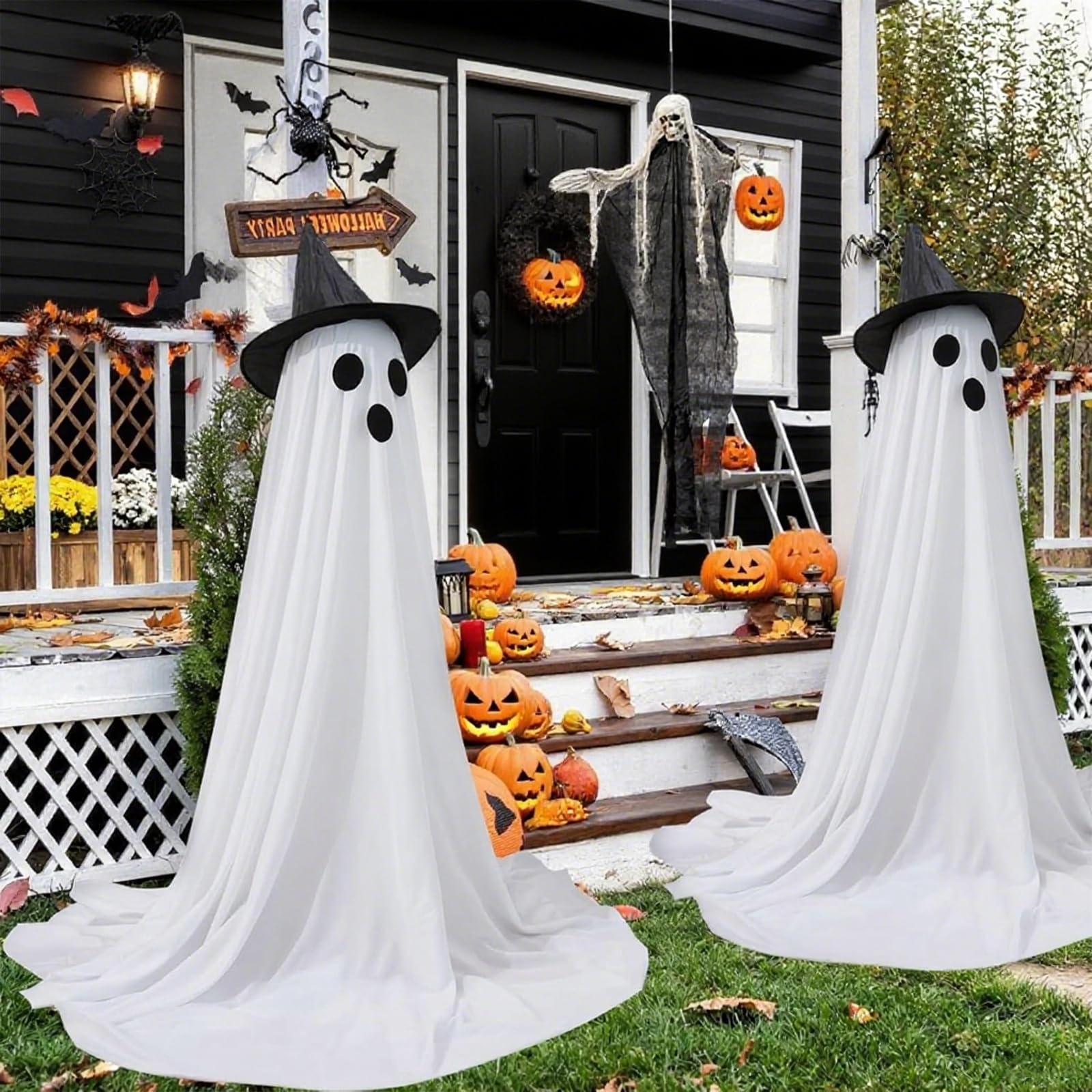 2PCS Sparkling Spooky Ghost Halloween Decorations, Large Standing Outdoor Light up Ghost Decor with Remote for Home, Yard, Porch