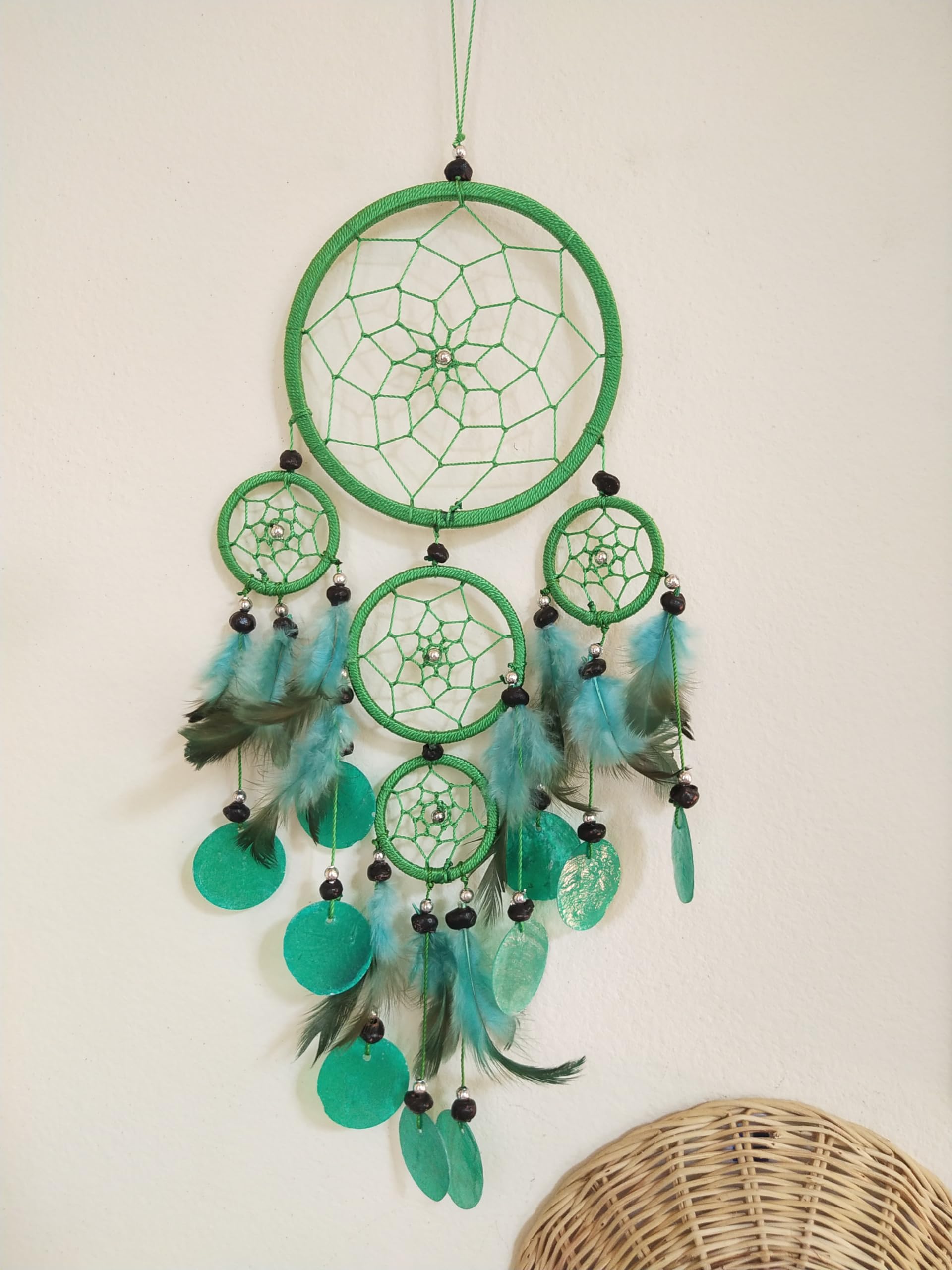 Moose546 19 inch Green Dream Catchers with Feathers and Beads Wind Chimes, Indoor Outdoor Hanging Decor D-005