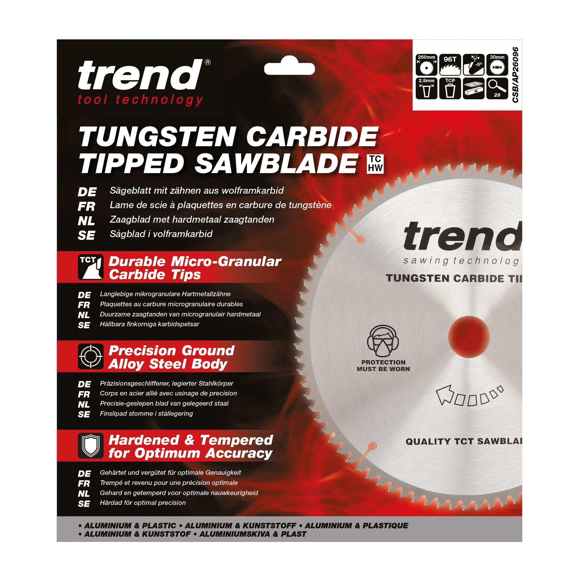 Trend CraftPro Hoja de sierra circular TCT para encimera de aluminio y plástico, 260 mm de diámetro x 96 dientes x 30 mm de diámetro interior, punta de carburo de tungsteno, CSB/AP26096