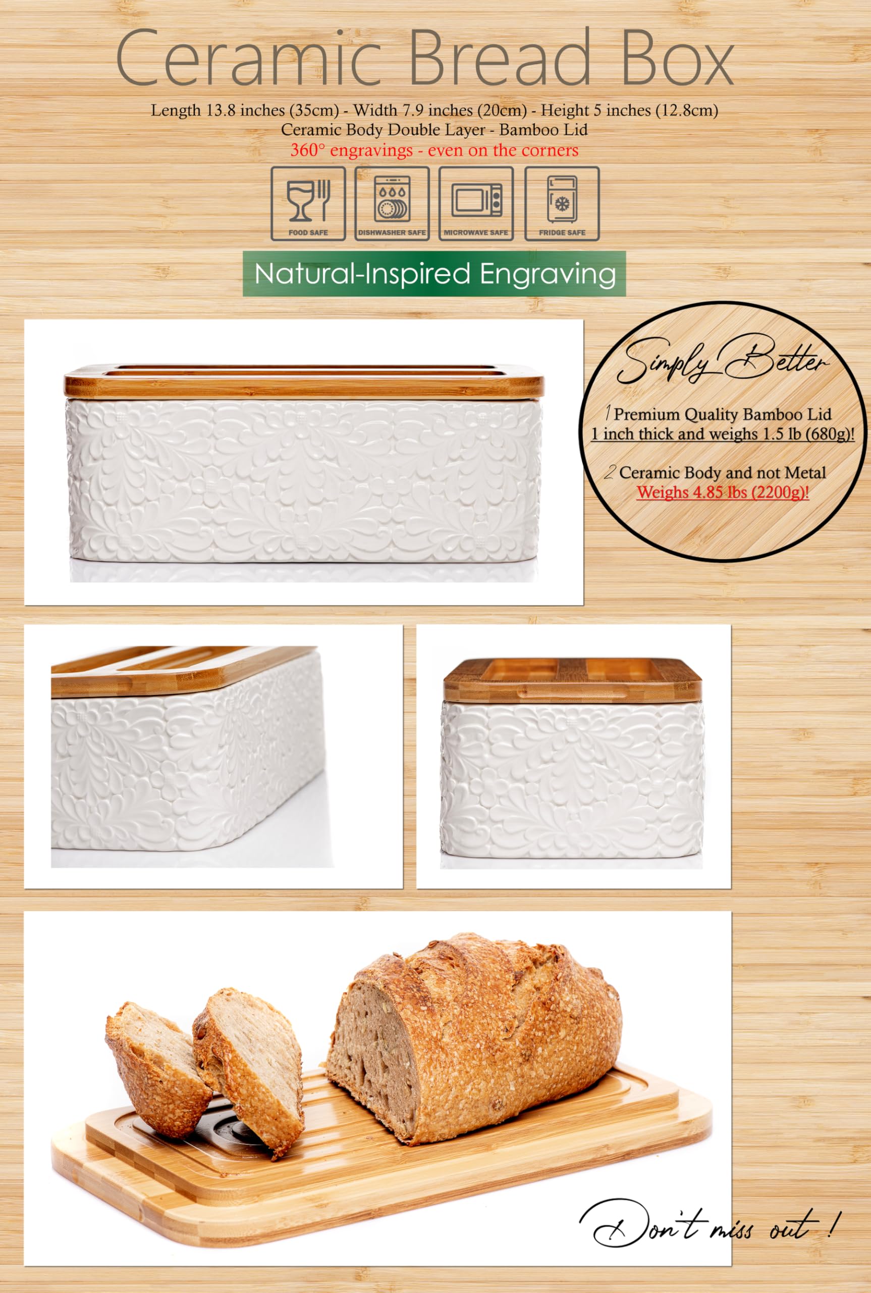 Panera de cerámica grabada para encimera de cocina, recipiente multiusos para almacenamiento de pan con tapa gruesa de bambú para cortar, elegante panera con grabado inspirado en la naturaleza, 13.8 x