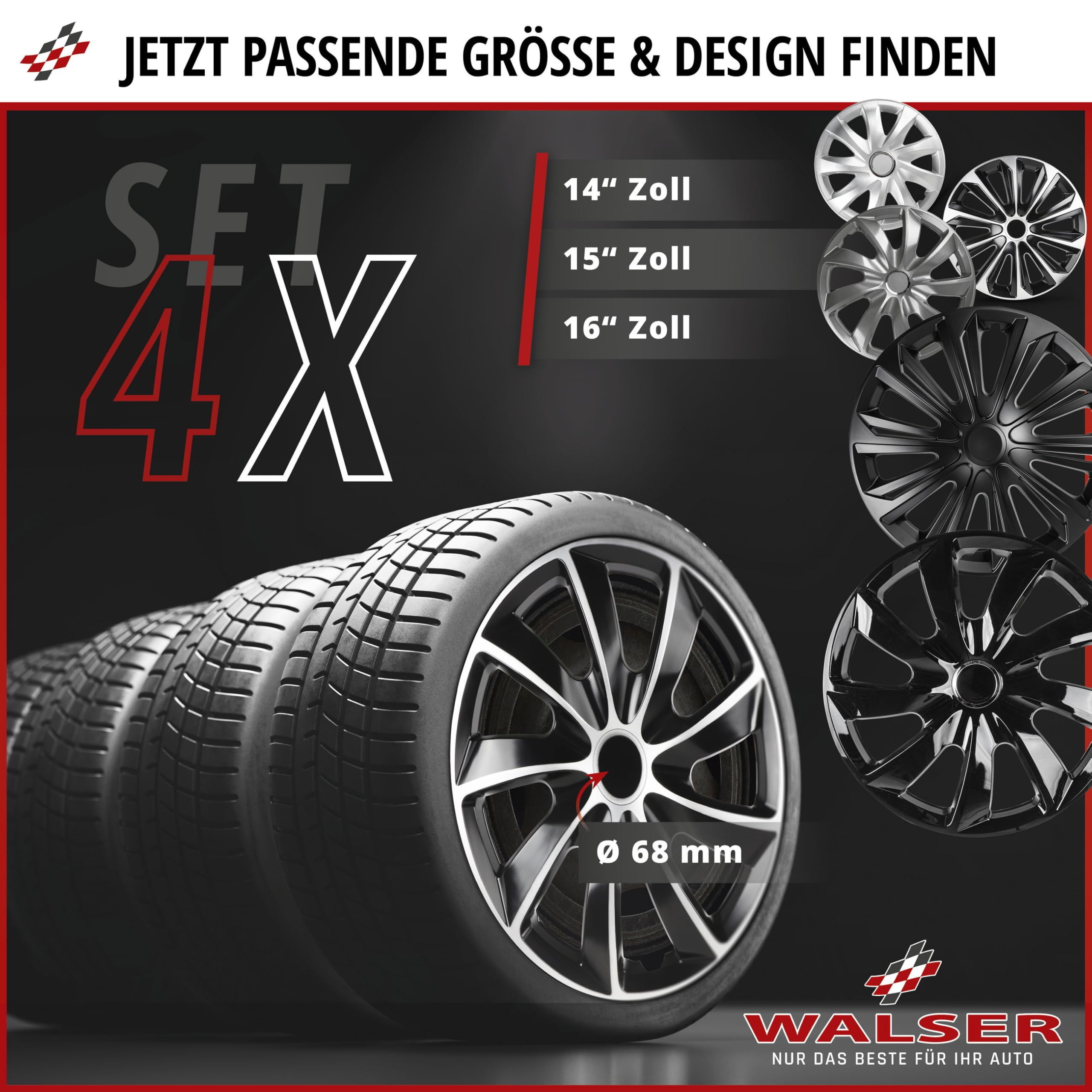 WALSER Premium Radkappen Storm Bicolor, 4er Set Radkappen Auszeichnung Sehr Gut*, Radzierblenden 16 Zoll, Radblenden für Alufelgen Stahlfelgen, Auto Radzierblende schwarz Silber - Made in Europe