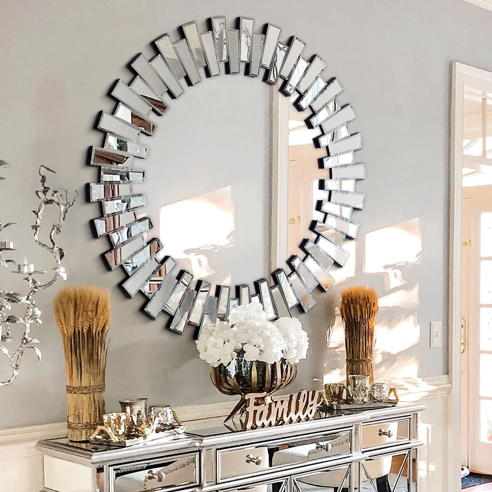 Chende Round Wall Mirror, 44'' Modern Decorative Mirror with Beveled Glass, Large Wall Mirror for Living Room, Dining Room, Entryway