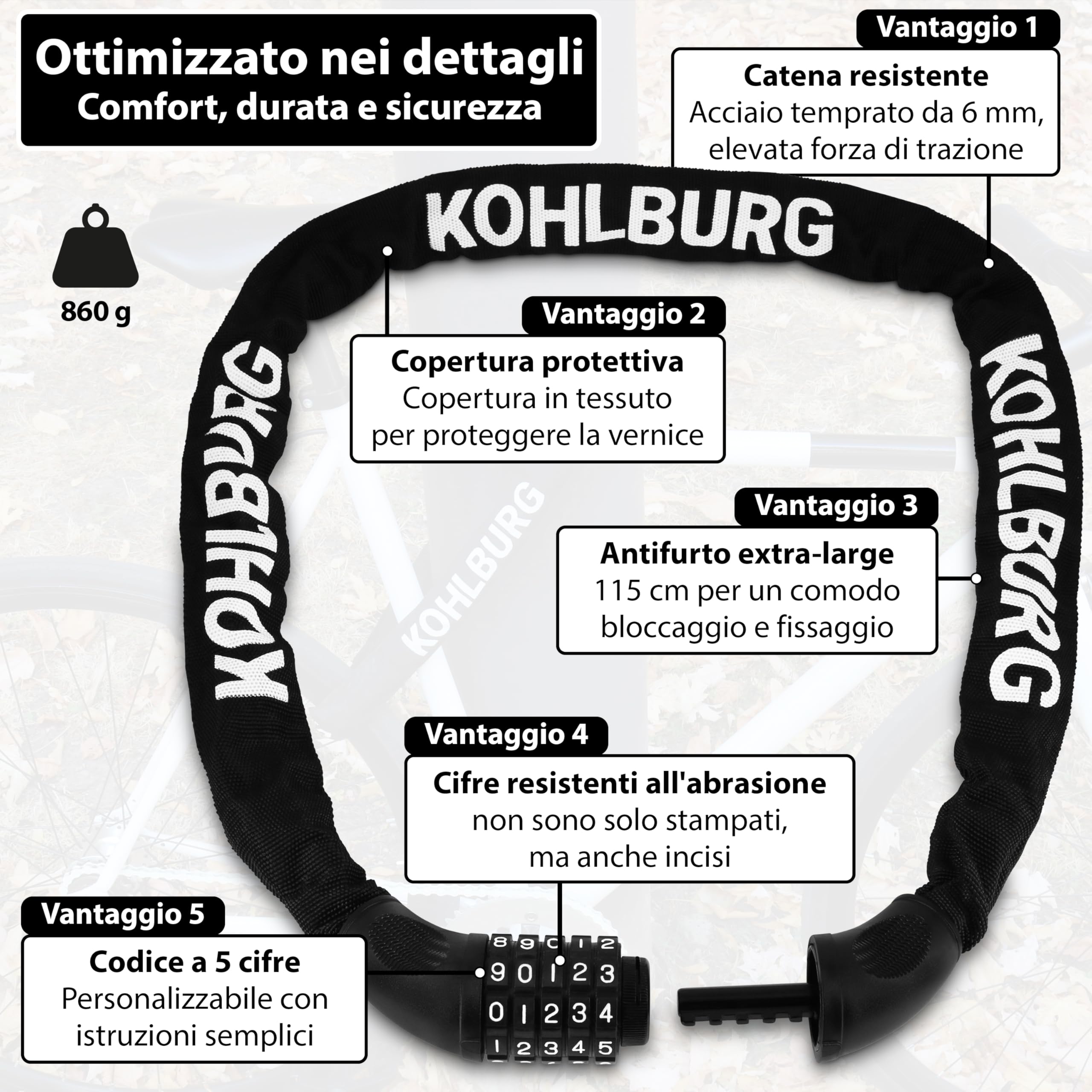 KOHLBURG lucchetto a combinazione molto lungo, 115 cm di lunghezza e 6 mm di spessore con codice numerico - lucchetto a catena con combinazione numerica - lucchetto di sicurezza per bicicletta