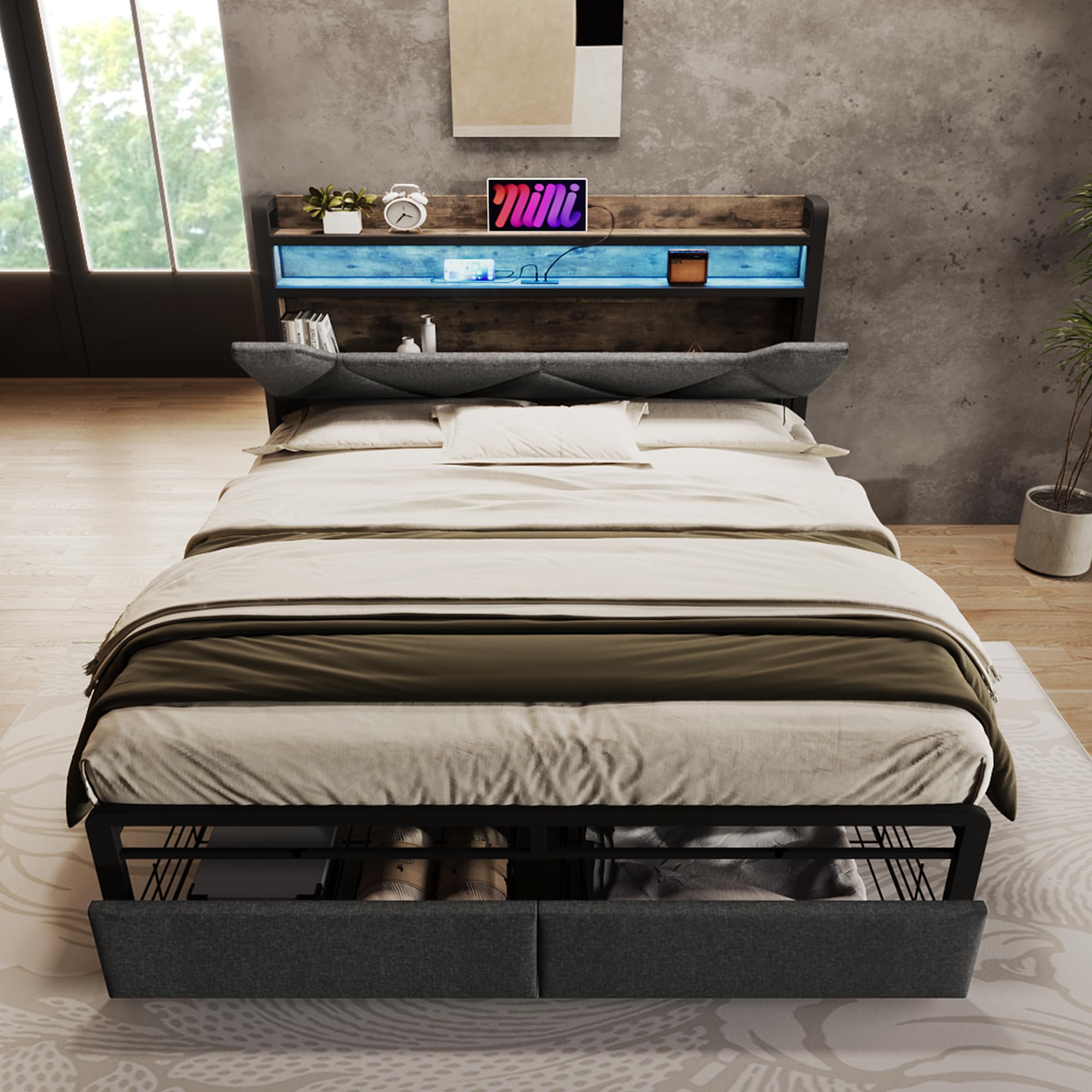 Letto Imbottito In Velluto, Cassetti In Robusta Rete Metallica, Letto Matrimoniale Con Rete A Doghe E 4 Cassetti Letto 140 X 200 Cm Senza Materasso Grigio Okwish 81762813