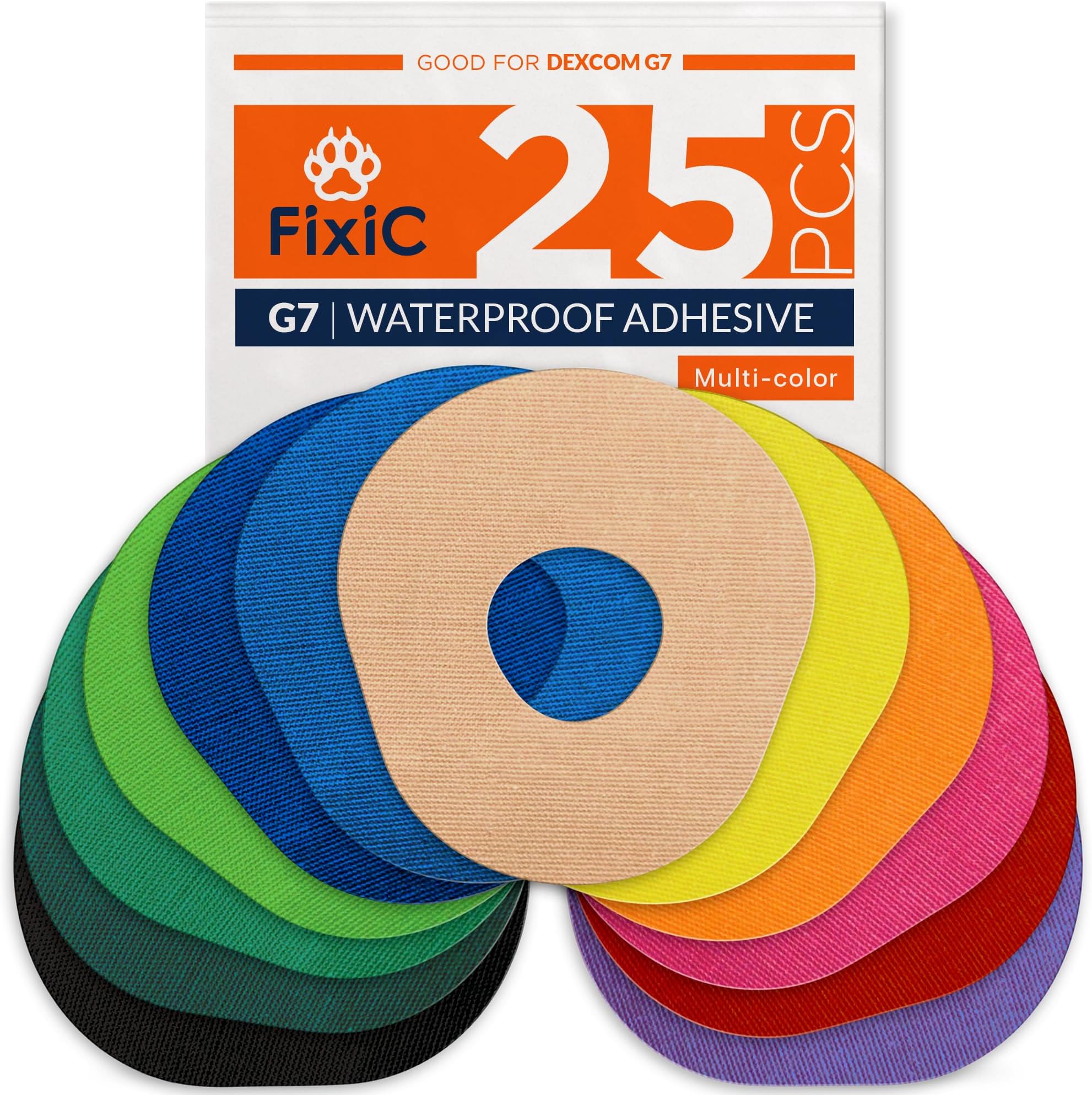 FixiC – Adhesive Patches for G7 – 25 Pack Premium Waterproof Adhesive Patches – Pre-Cut Back Paper – Adhesive Patch for G7 – Long Fixation! (Multi-Color)