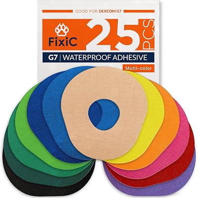 FixiC – Adhesive Patches for G7 & Stelo – 25 Pack Premium Waterproof Adhesive Patches – Pre-Cut Back Paper – Adhesive Patch for G7 – Long Fixation! (Multi-Color)