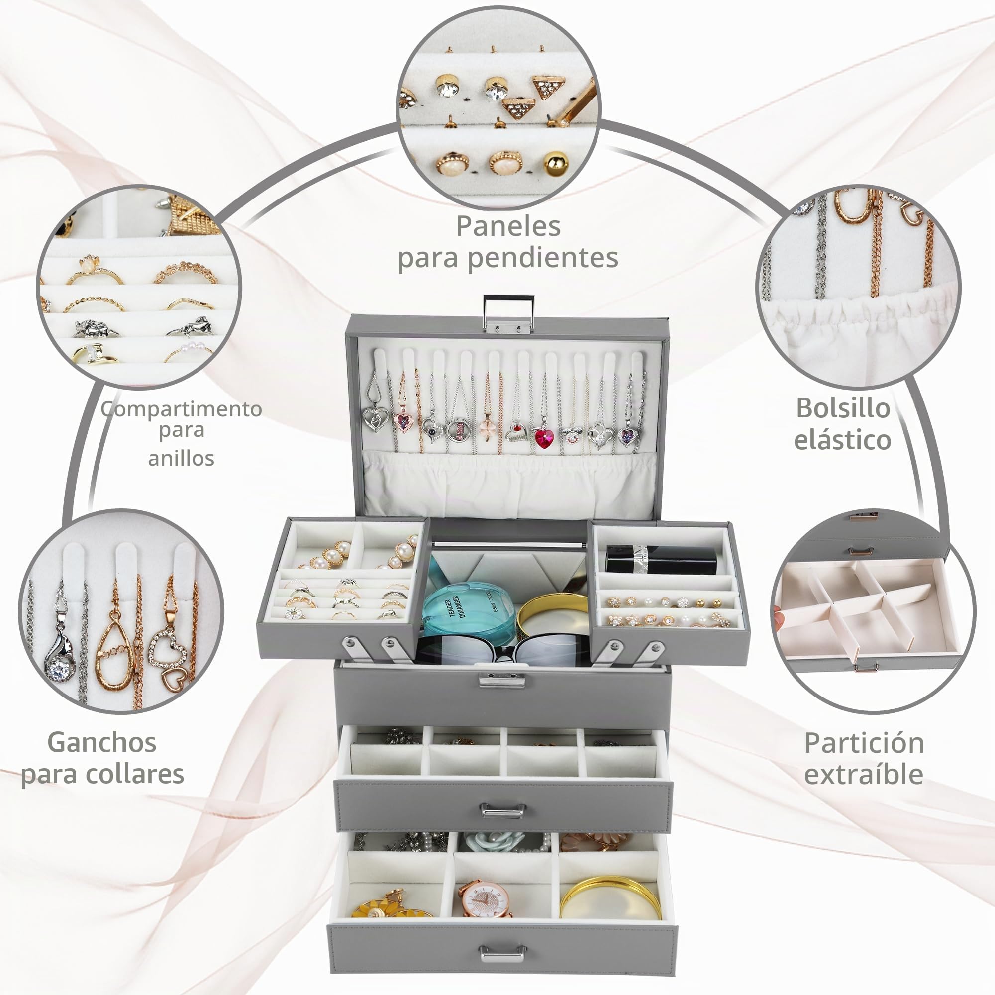 Dajasan Joyero, Joyeros Mujer Organizador, 4 Niveles Grande Joyero con 2 Cajón, PU Cuero Joyeros, Caja jewelry organizer de Anillos, Collares, Aretes, Relojes (Gris)
