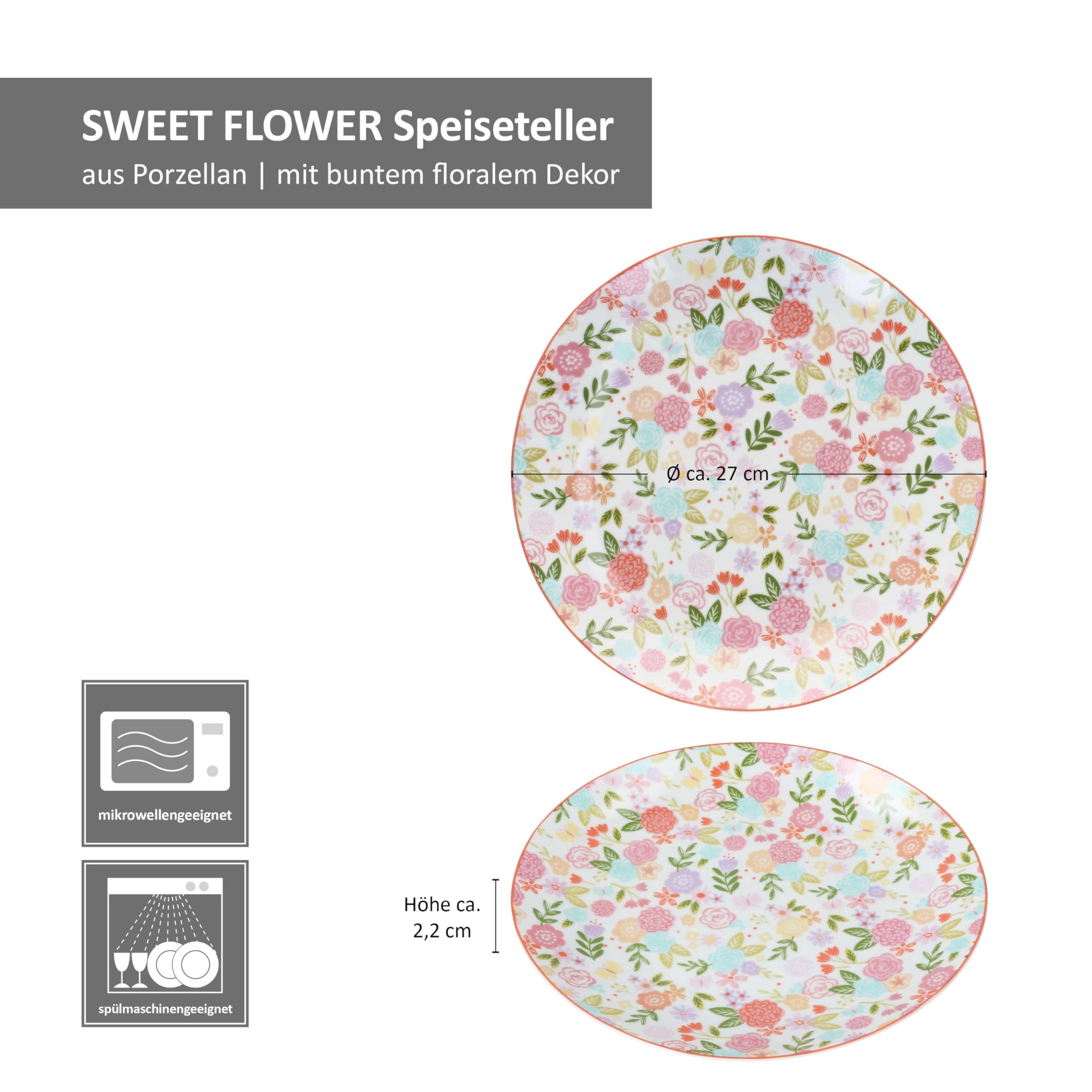 Ritzenhoff & Breker Zestaw 6 talerzy obiadowych Sweet Flower I Ø 27 cm I porcelana I kolorowa dekoracja kwiatowa I płaskie talerze kwiatowe dla 6 osób I na co dzień i wiosnę