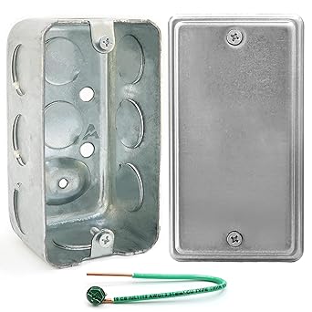 (Pack of Box and Cover) 4x2 Inch Utility Electrical Box, Outlet Box, Blank Utility Size Cover, Drawn Construction, Ten Knockouts, Raised Ground, 1-7/8 Deep, 13 Cu. in. Capacity, Galvanized Steel