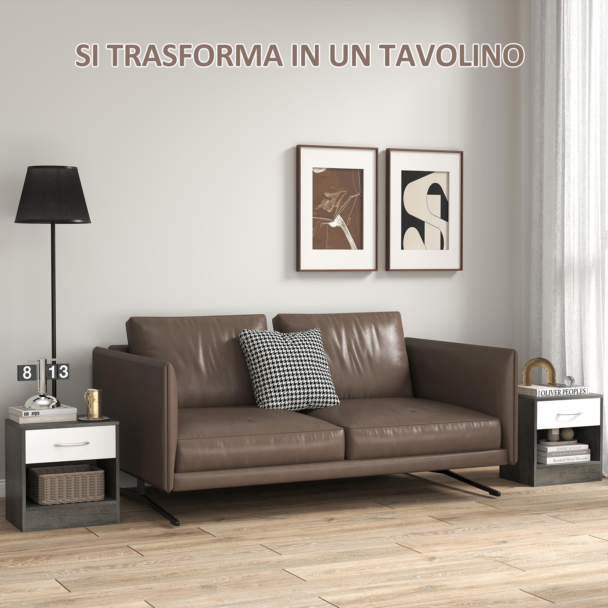 HOMCOM Set 2 Comodini per Camera da Letto con Ripiano Aperto e Cassetto, Comodini Moderni in Truciolato, 39x28x41 cm, Bianco e Grigio Scuro
