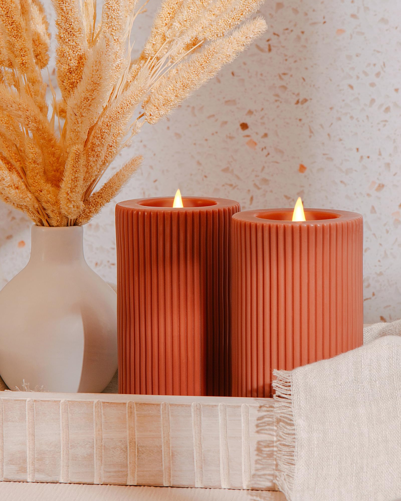 Photo 1 of Simply Collected Flickering Flameless Candles with Remote 2PK - Battery Operated 3D Moving Flame with Timer, Realistic LED Candle Runs 800+ Hrs, Real Wax Pillar, Set of 2, Rustic Pink, 3x5 inch Rustic Pink 3.15 x 5 inch (2pk + Rmte)