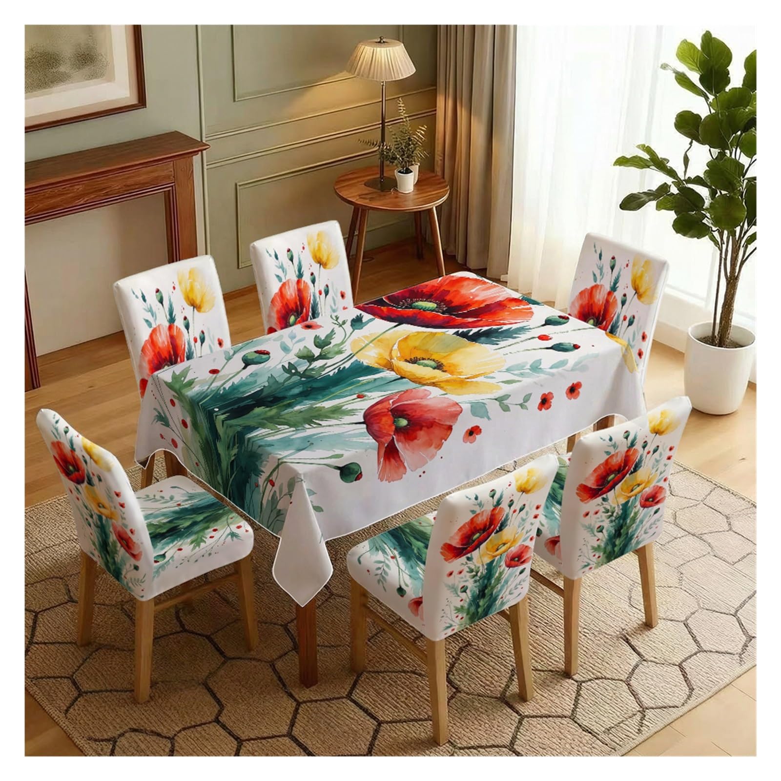 BOSUYBN Watercolor Red Yellow Poppy Floral Printed Dining Tablecloth & Chair Covers Set, 5/7 Piece Bright Wildflower Country Farmhouse Dining Decor Table Setting(7pcs Set: Tablecloth+Chair Covers)