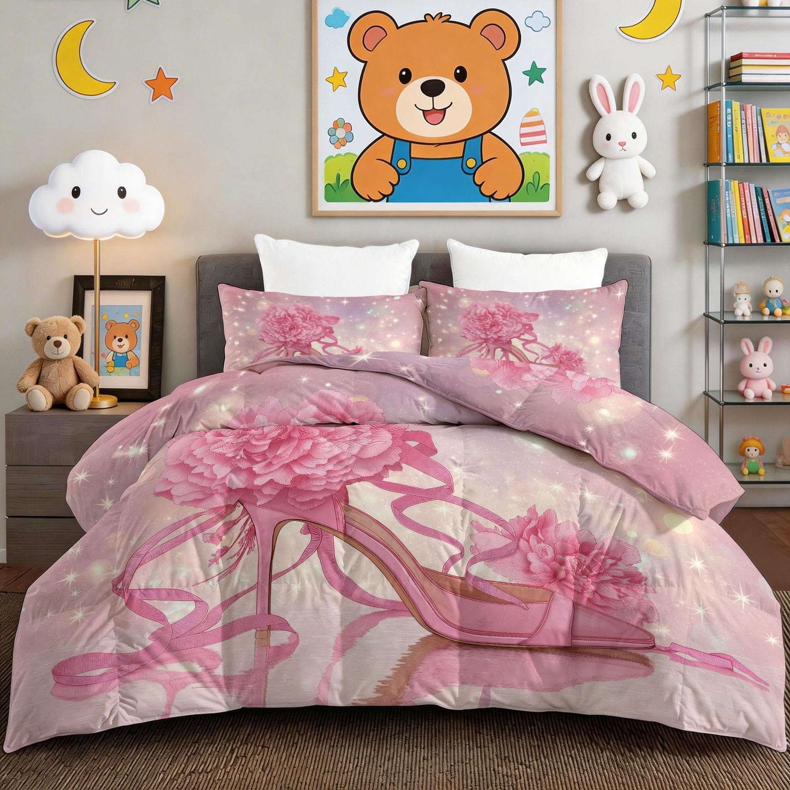 Ropa de cama reversible 220x240 rosa con peonías para noches confortables todo el año