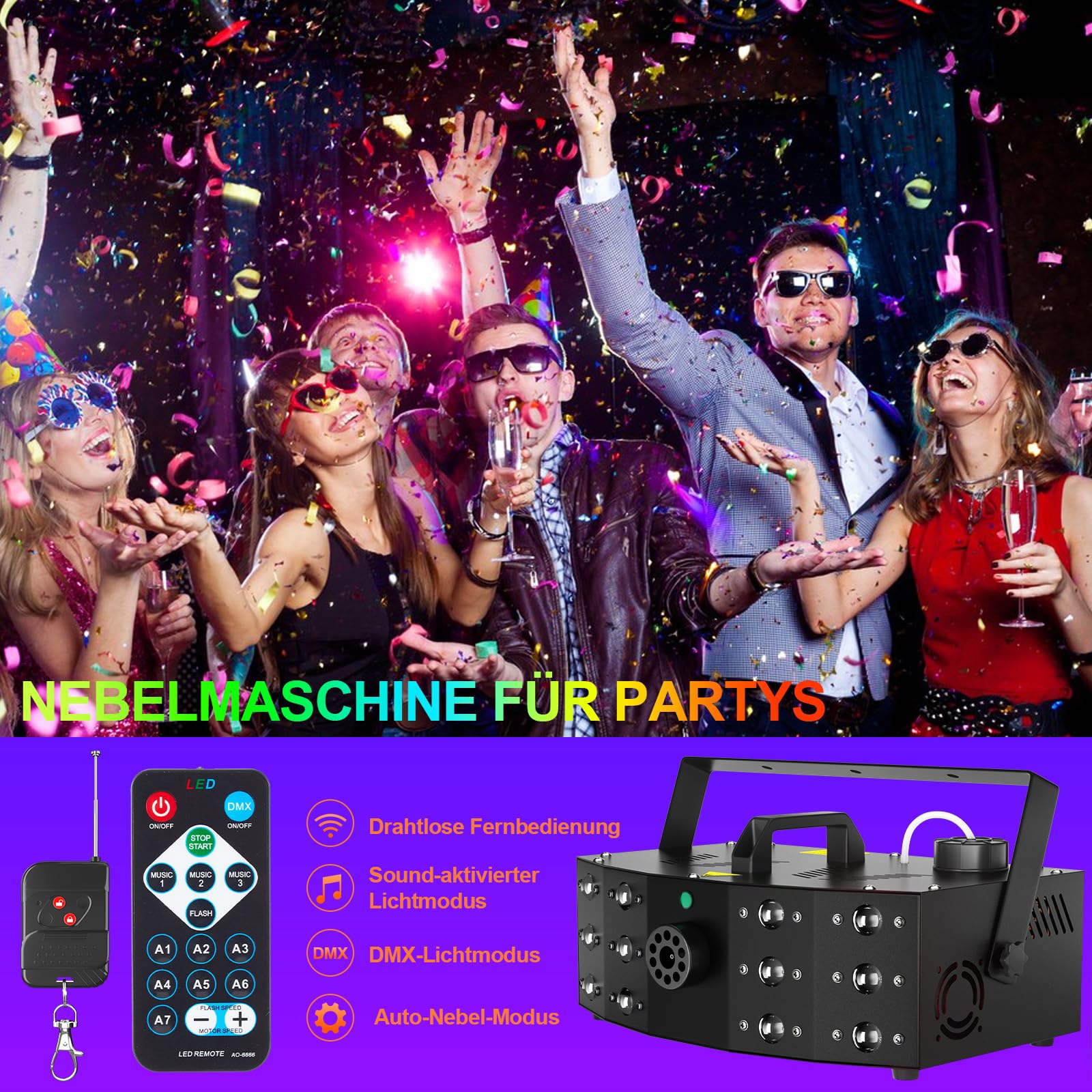 Hakuta Nebelmaschine, DMX Lichtstrahlen Rauchmaschine mit 12 LED bunten Lichtsteuerung & manuelle Steuerung & Fernbedienung Perfekt für Indoor Outdoor Hochzeit, Halloween, Party und Bühneneffekt