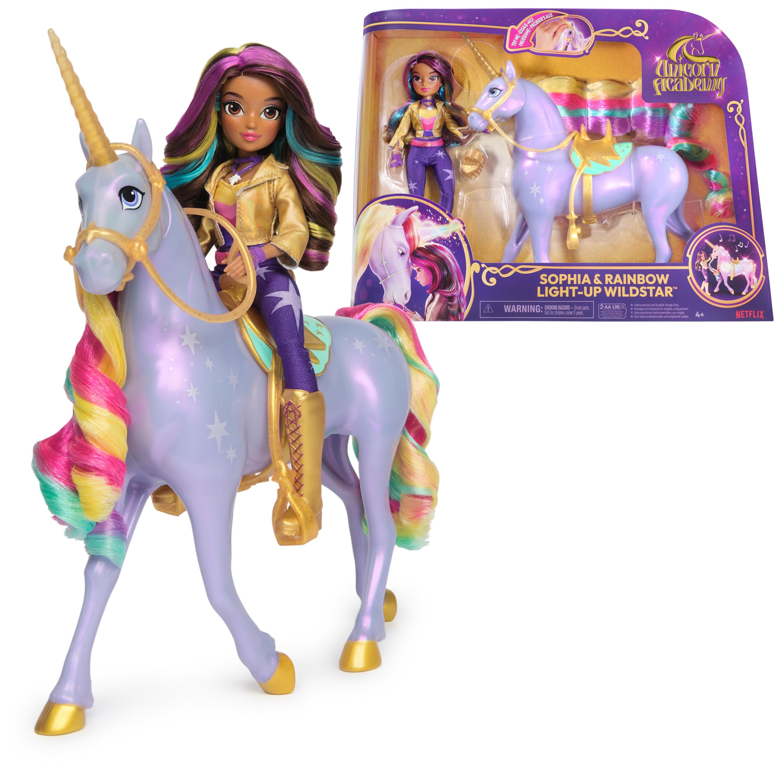 Unicorn Academy - Sophia und Licht-Magie Wildstar Deluxe Set, 28 cm Einhorn mit Lichteffekten und Musik, 24 cm Ankleidepuppe, passend zur Netflix Serie, ab 4 Jahren