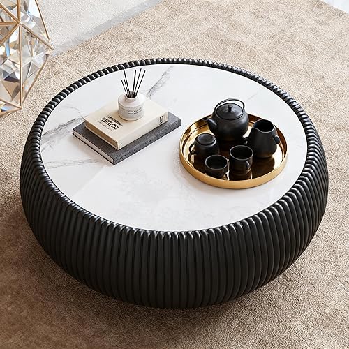 Miniatura 98 de Mesa auxiliar redonda moderna, mesa auxiliar de sofá de mármol sintético con base cubierta de cuero sintético en forma de cuenco, mesa auxiliar