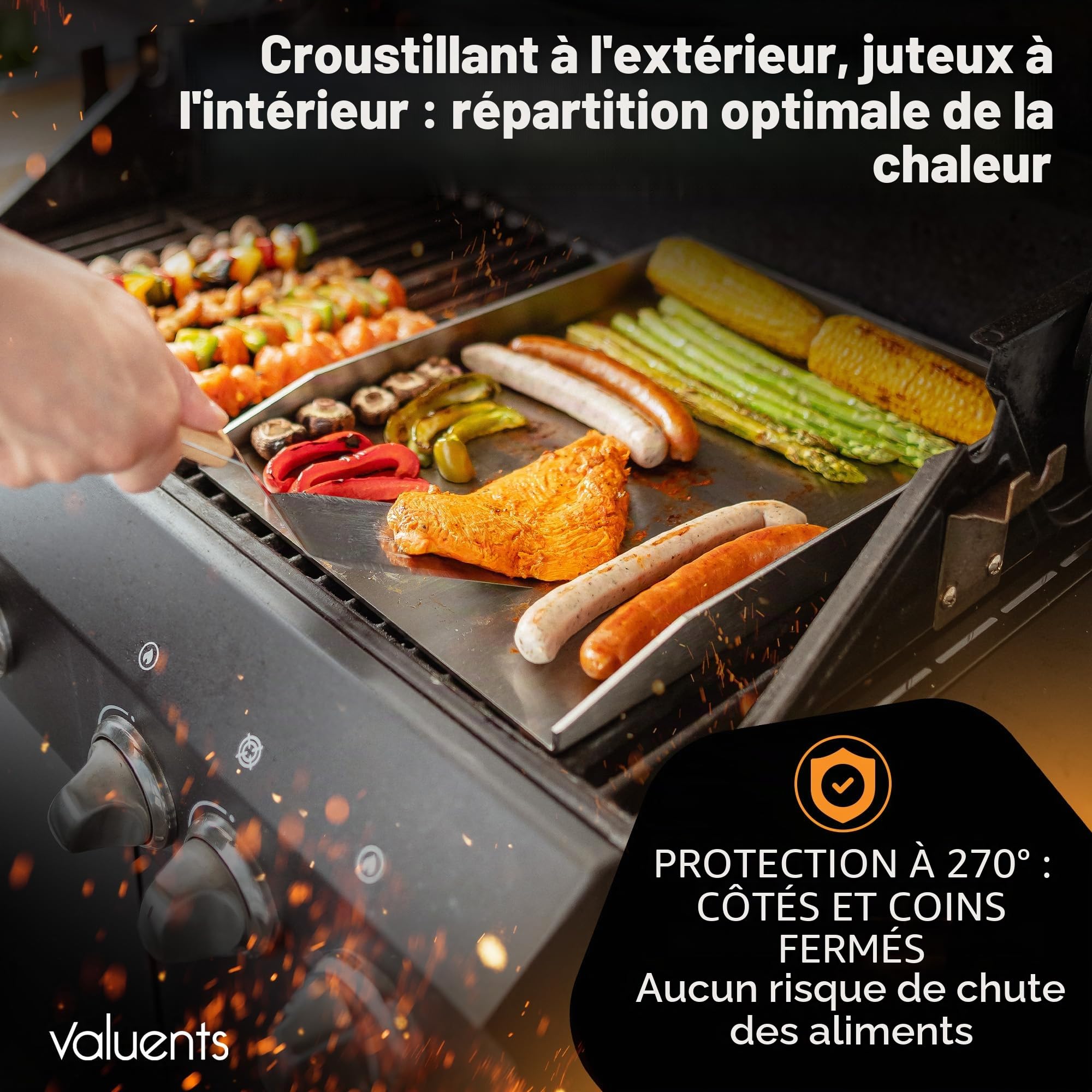Plancha en acier inoxydable 40 x 30 cm pour barbecue gaz et charbon