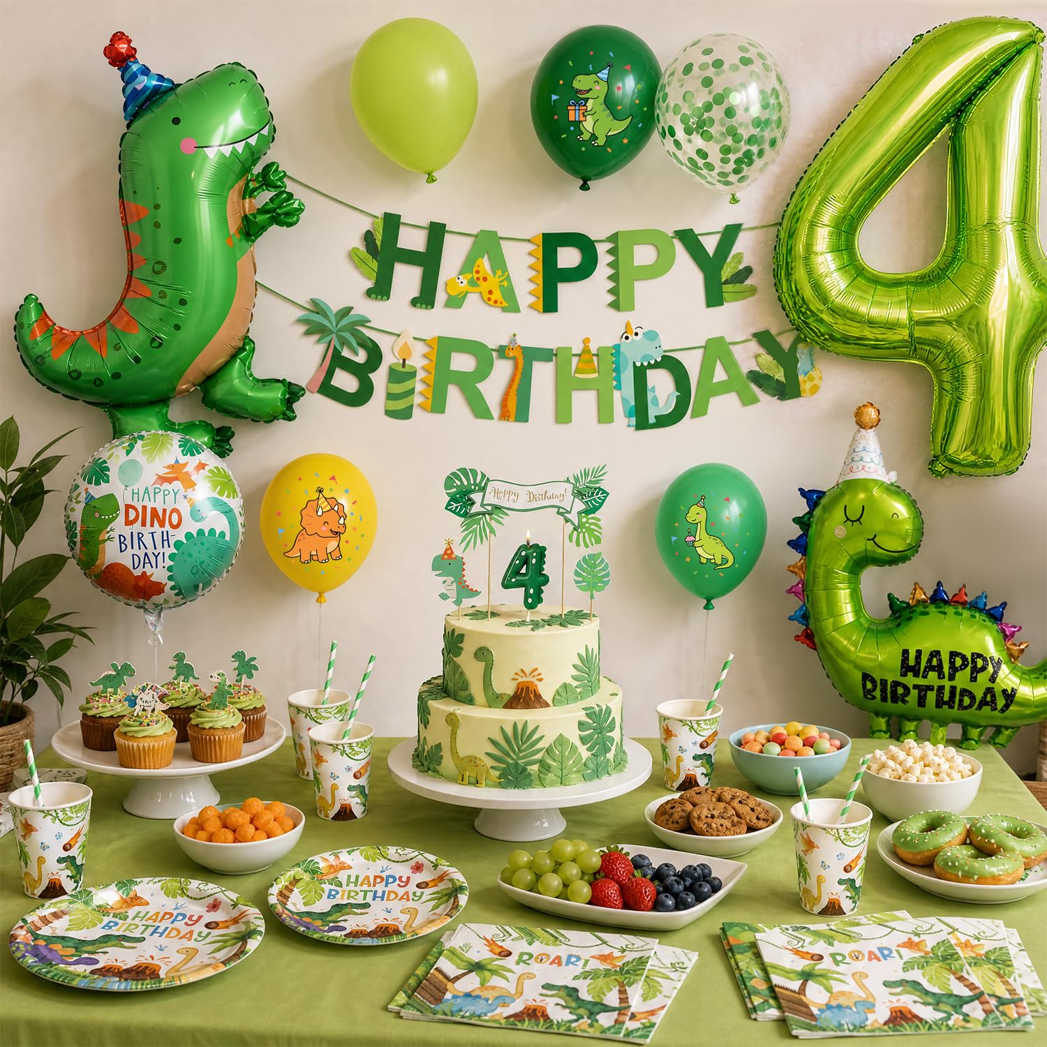 Palloncini Dinosauri Compleanno, Stoviglie per Feste a Tema Dinosauri per Bambini 4 Anni con Palloncini Dinosauro, Candela Numero 4, Decorazione per Torta, Striscione, Tovagliolo, Piatto (16 Ospiti)