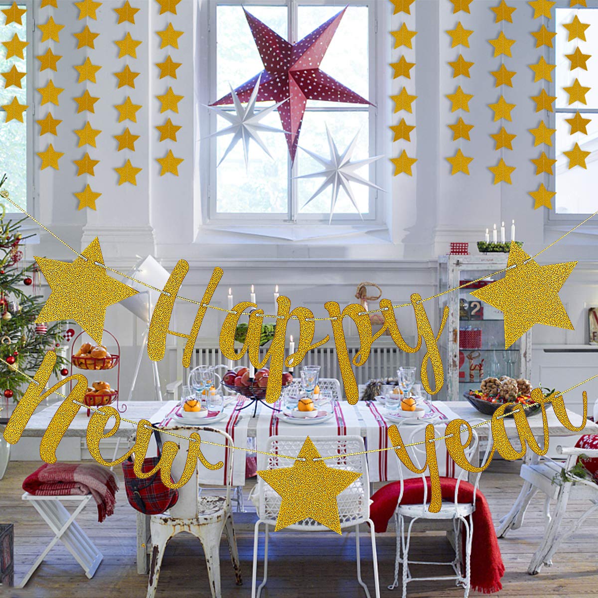 Gold Happy New Year Banner and Twinkle Stars Garland 2025 New Year Banner New Year Eve Banner 2025 for Happy New Year Party Decorations 2025, New Years Eve Party Supplies 2025