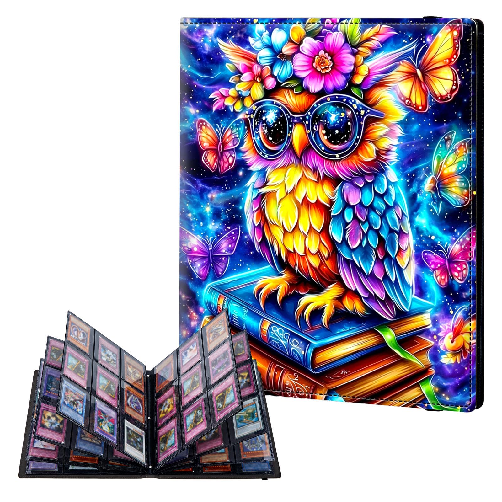 ETLKJVBL 9 Pocket Trading Card Binder, Card Collection Binder for TCG, MTG, Sports Cards, Baseball, Owl with Large Glasse and Flower Trading Card Book Holder for Collectors, Top Loader Binder — image 1