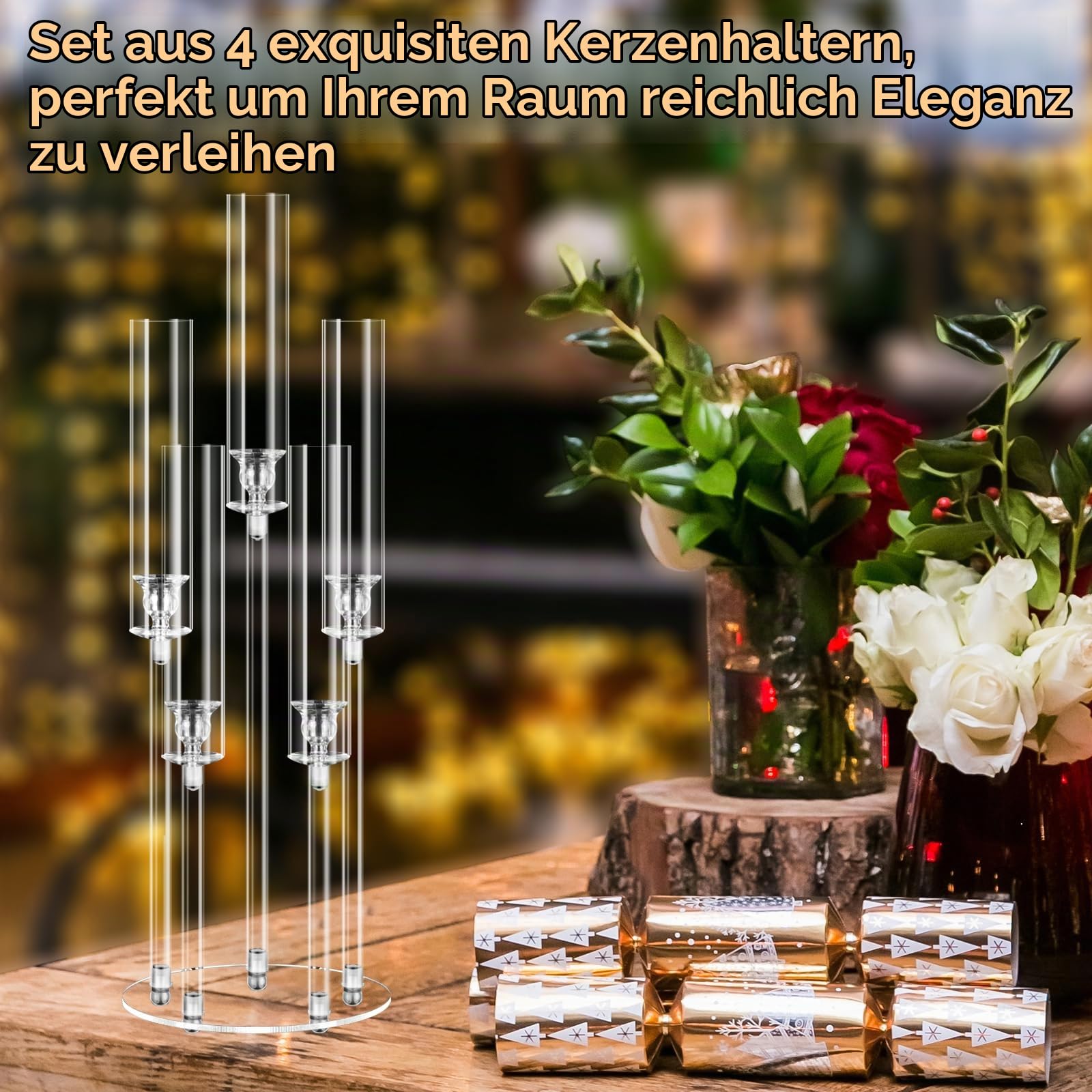 4X MSDADA Großer 5-Armiger Kerzenleuchter aus Acryl 68 cm, Hohe Klare Kerzenständer für Wohnzimmer Hochzeit Weihnachten Festliche Deko, Kompatibel mit 2 cm LED Stabkerzen
